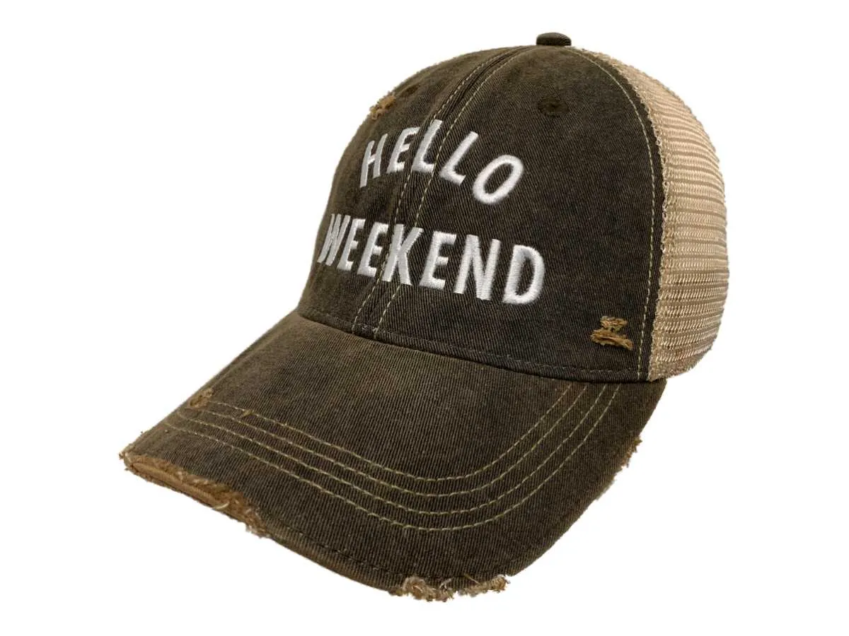 Hello Weekend Retro Brand Mudwashed Distressed Mesh Snapback Hat Cap