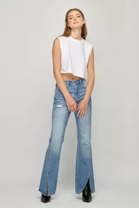 Hidden Front Slit Flare Jeans