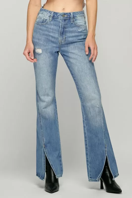 Hidden Front Slit Flare Jeans