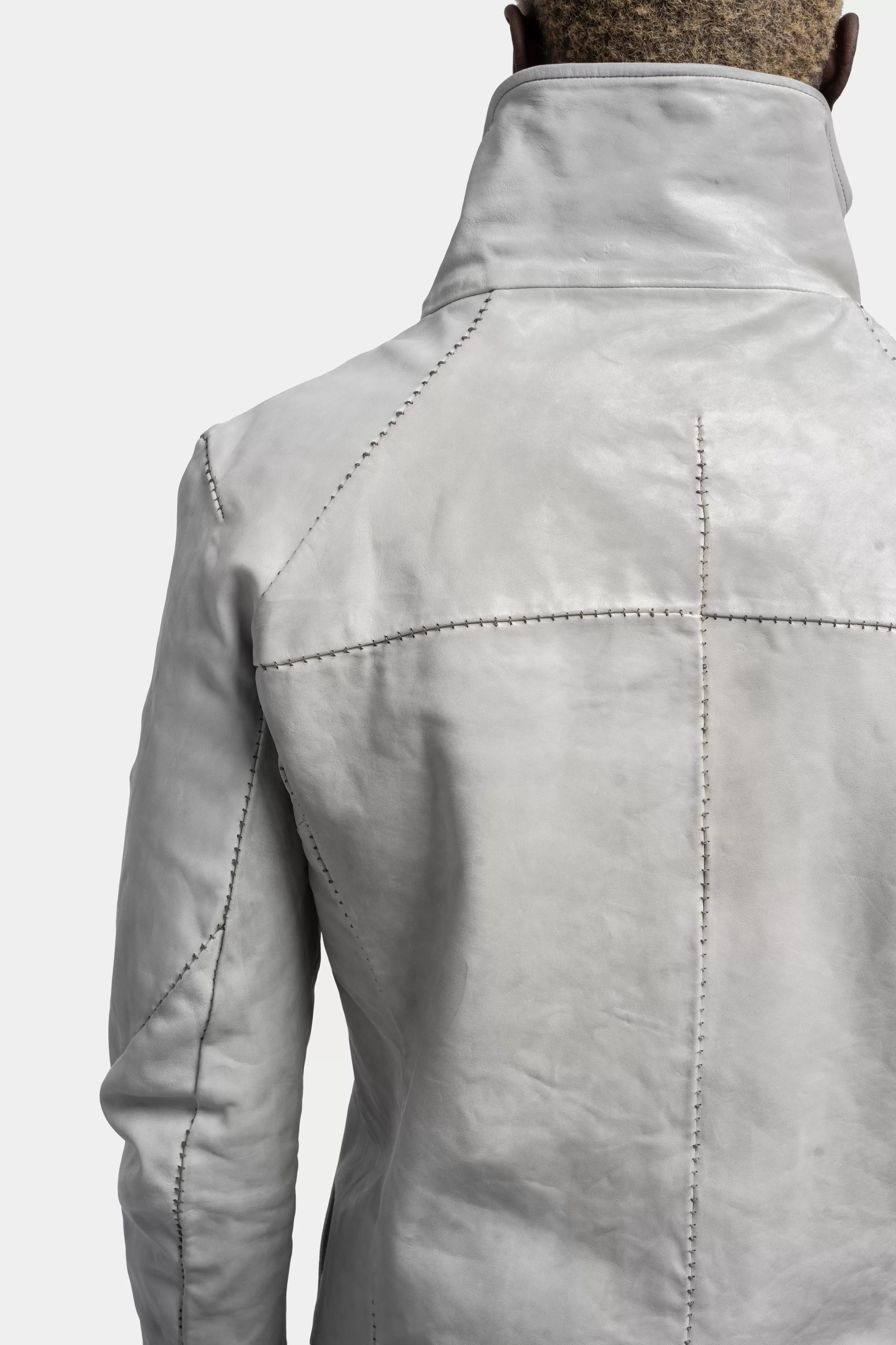 High neck darted raglan shoulder scar stitch leather jacket, Dirty Light Grey