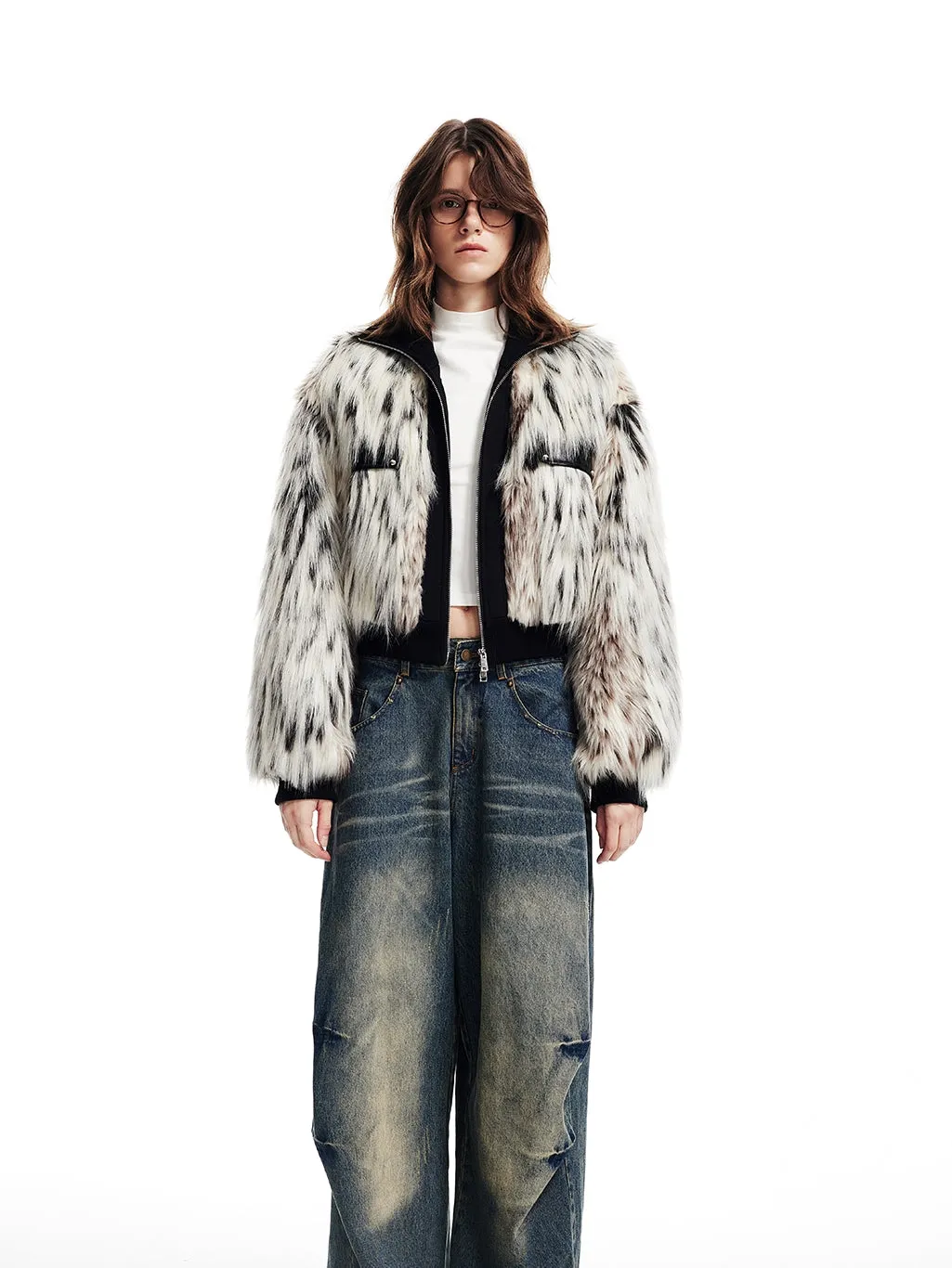 High-Neck Knit Zip Short-Length Balloon-Sleeve Fur-Jacket