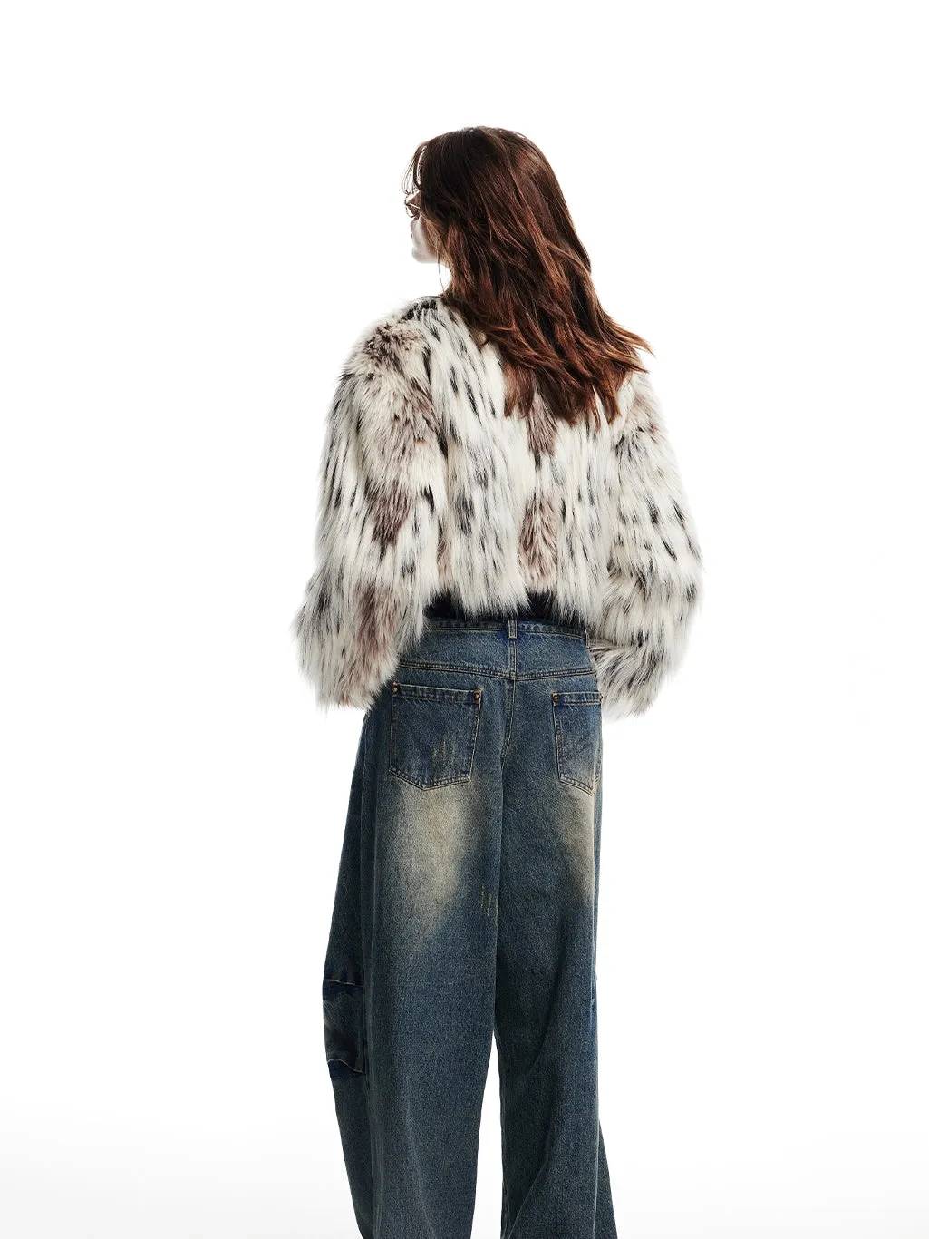 High-Neck Knit Zip Short-Length Balloon-Sleeve Fur-Jacket