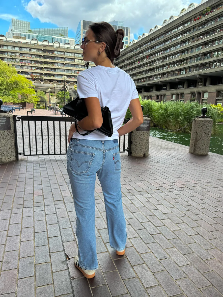 High Waisted Recycled White Trim Jeans, Blue Denim