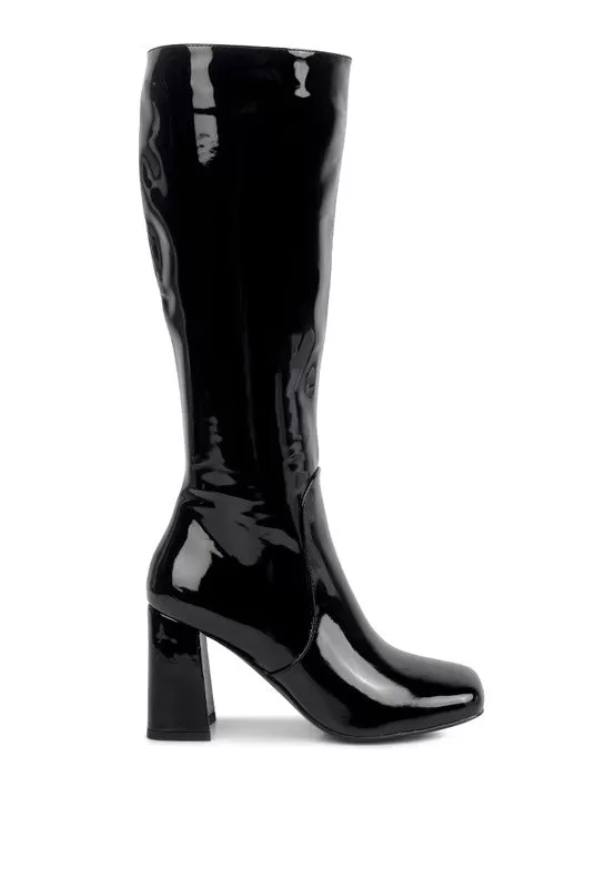 HYPNOTIZE Patent PU Block Heeled Calf Boots