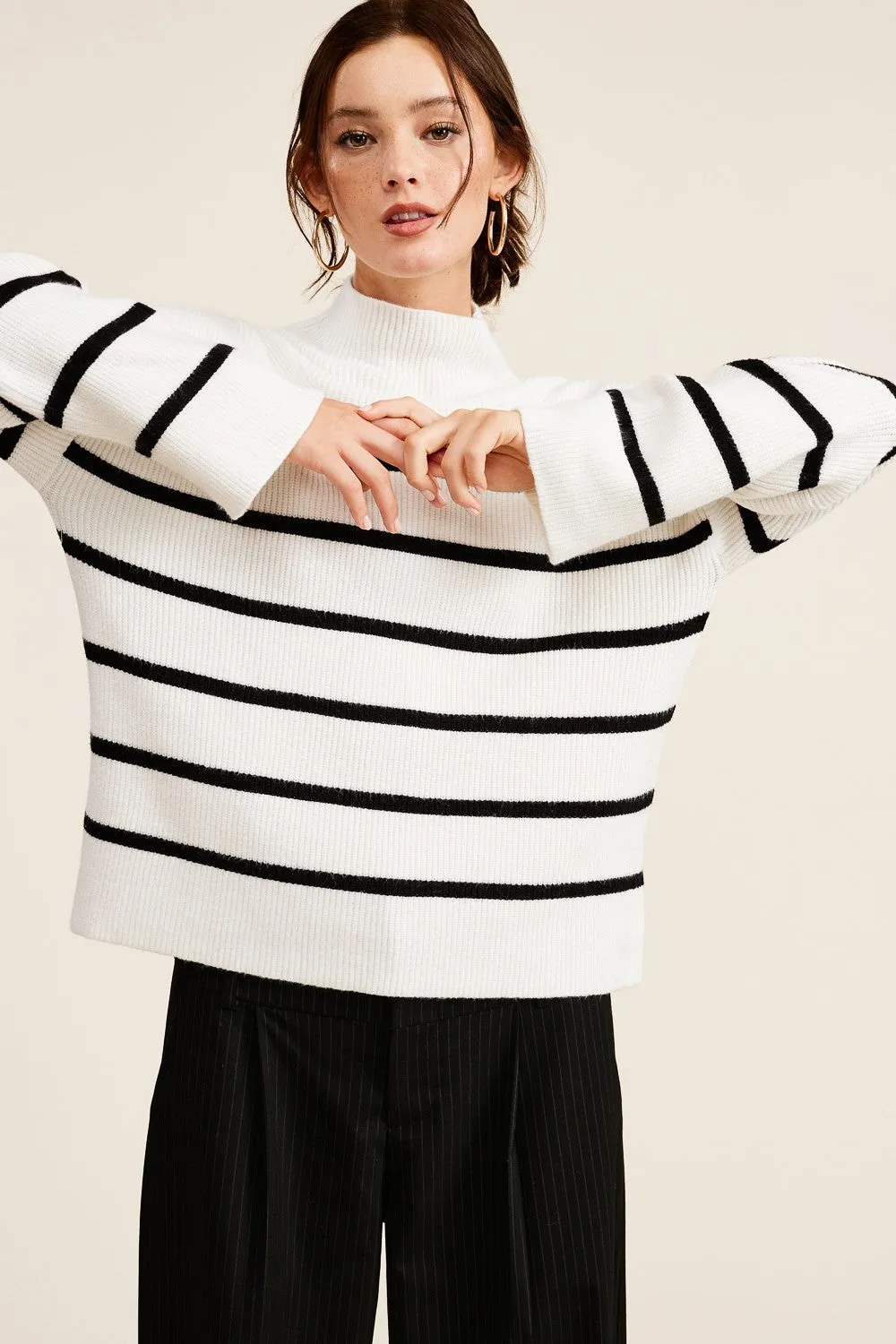 Ivory Striped Mock Neck Maternity Sweater