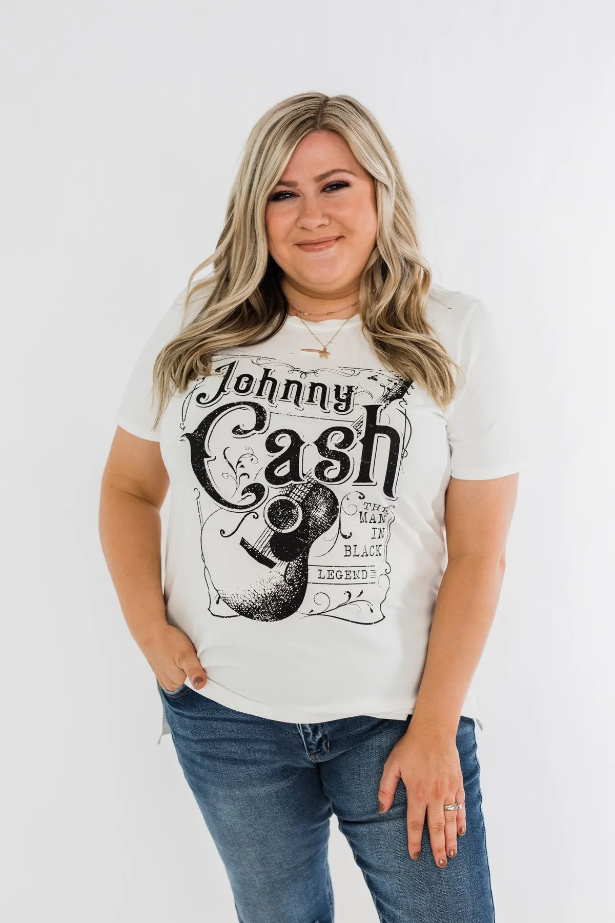 Johnny Cash Distressed Graphic Top- Off White