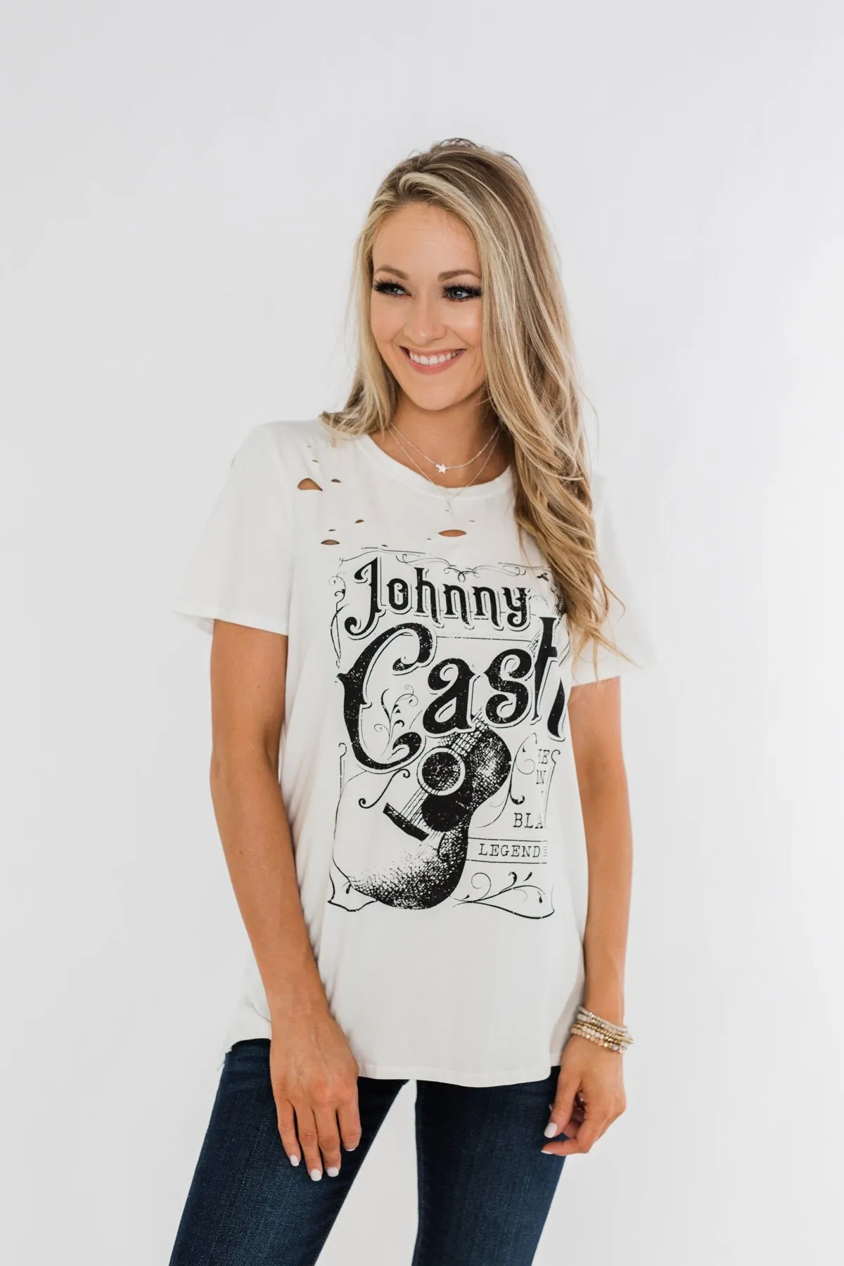 Johnny Cash Distressed Graphic Top- Off White