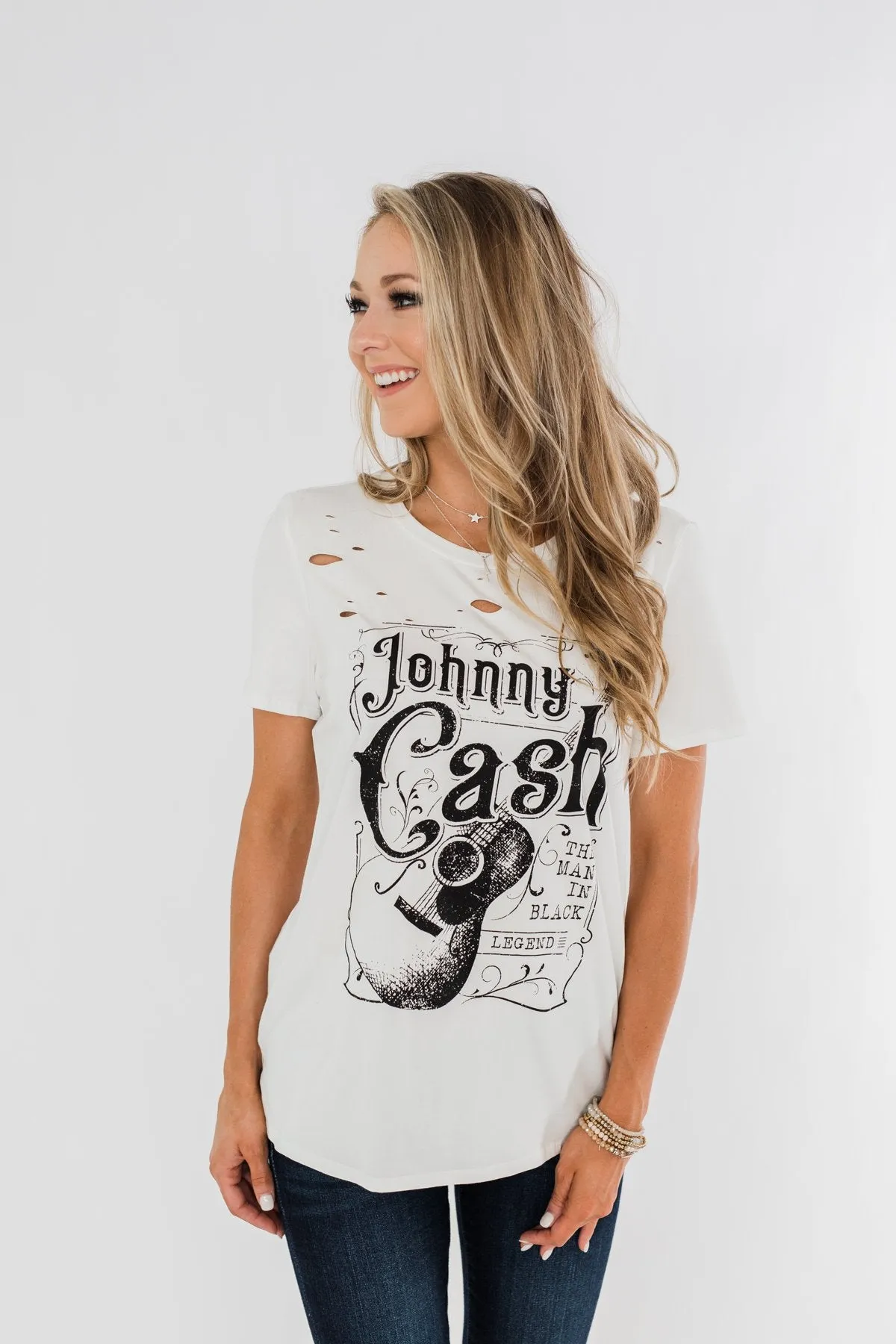 Johnny Cash Distressed Graphic Top- Off White