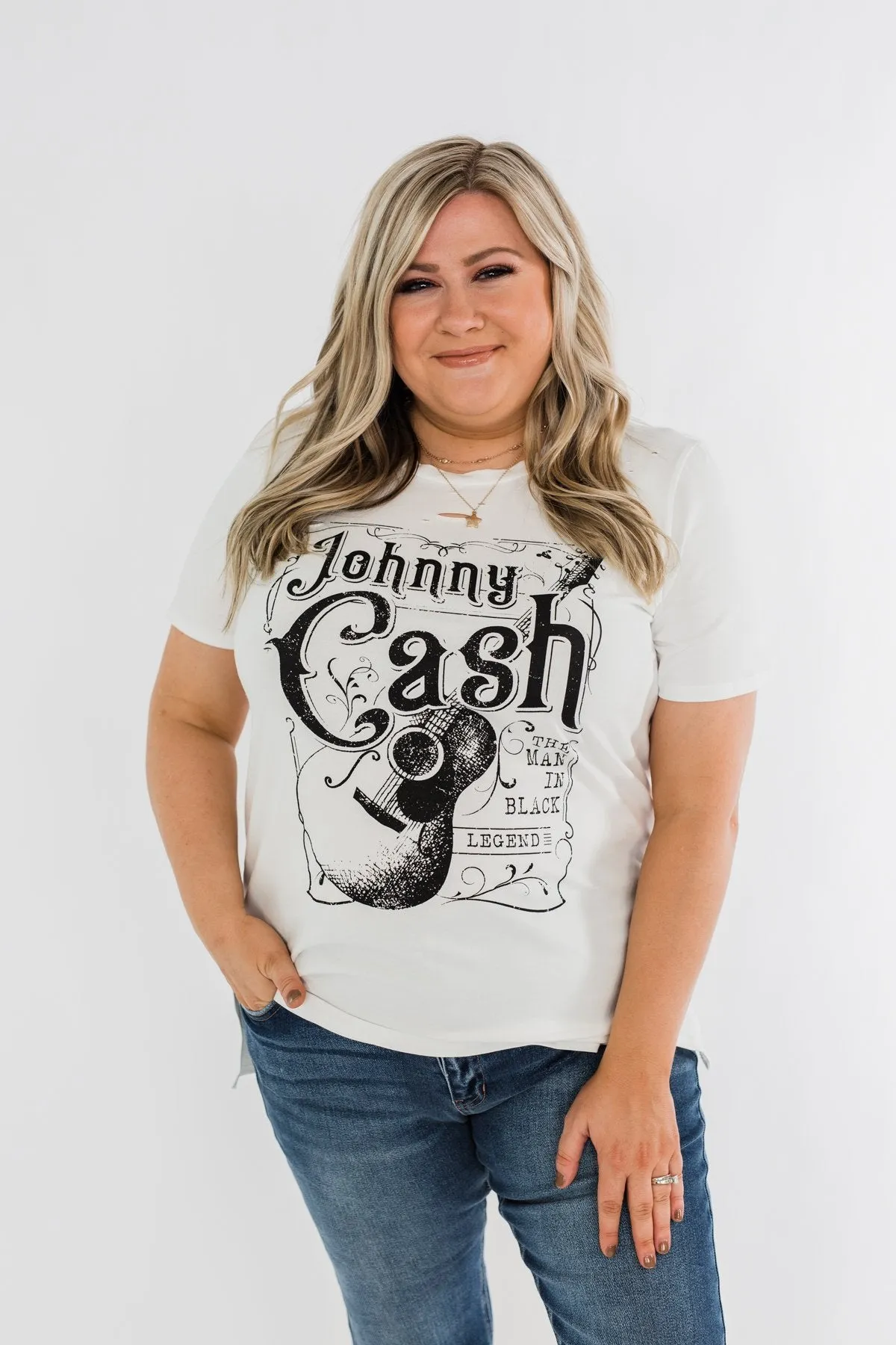 Johnny Cash Distressed Graphic Top- Off White