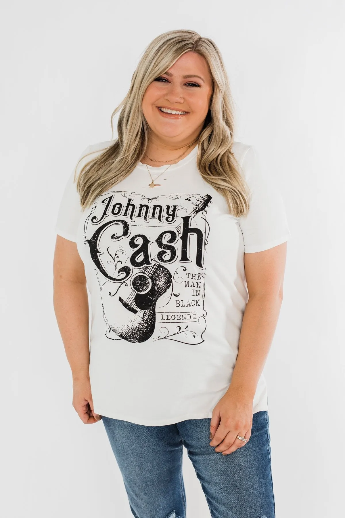 Johnny Cash Distressed Graphic Top- Off White