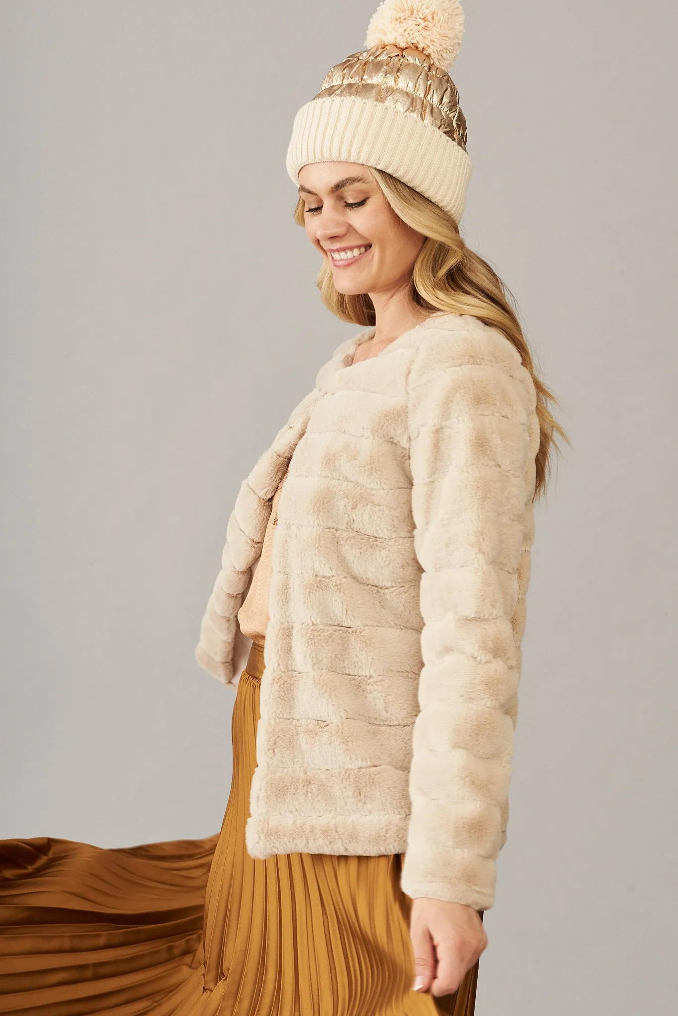 Josette Faux Fur Coat In Beige