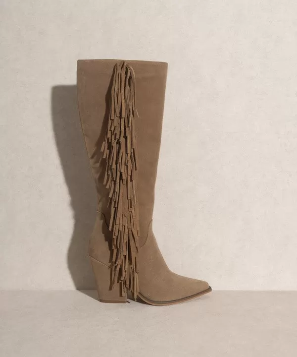 Khaki Bohemian Knee High Fringe Boots