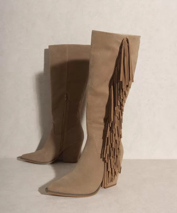 Khaki Bohemian Knee High Fringe Boots