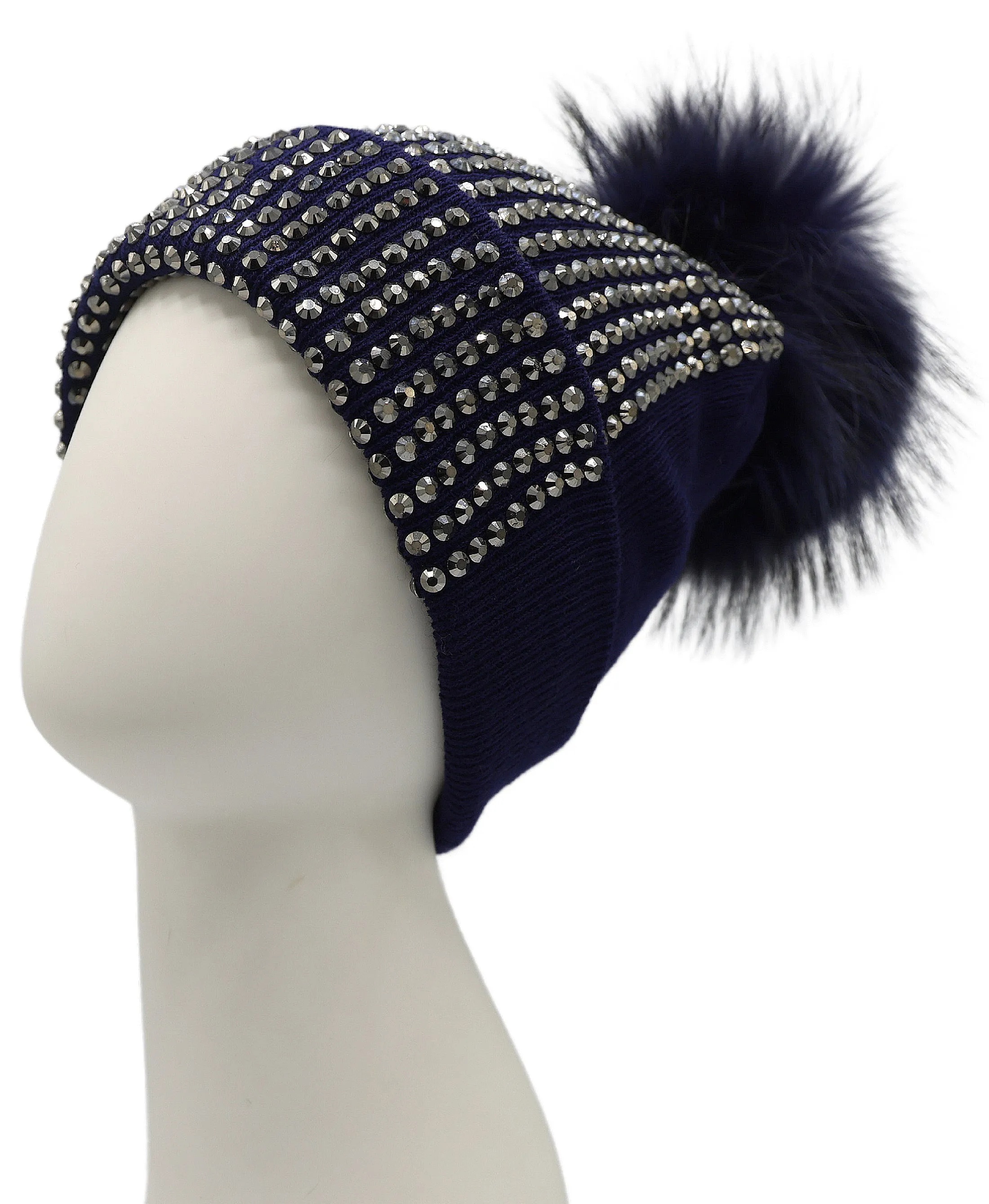 Knit & Crystal Hat w/ Fur Pom