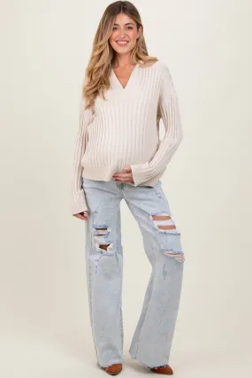 Light Blue Distressed Open Knee Wide Leg Maternity Jeans