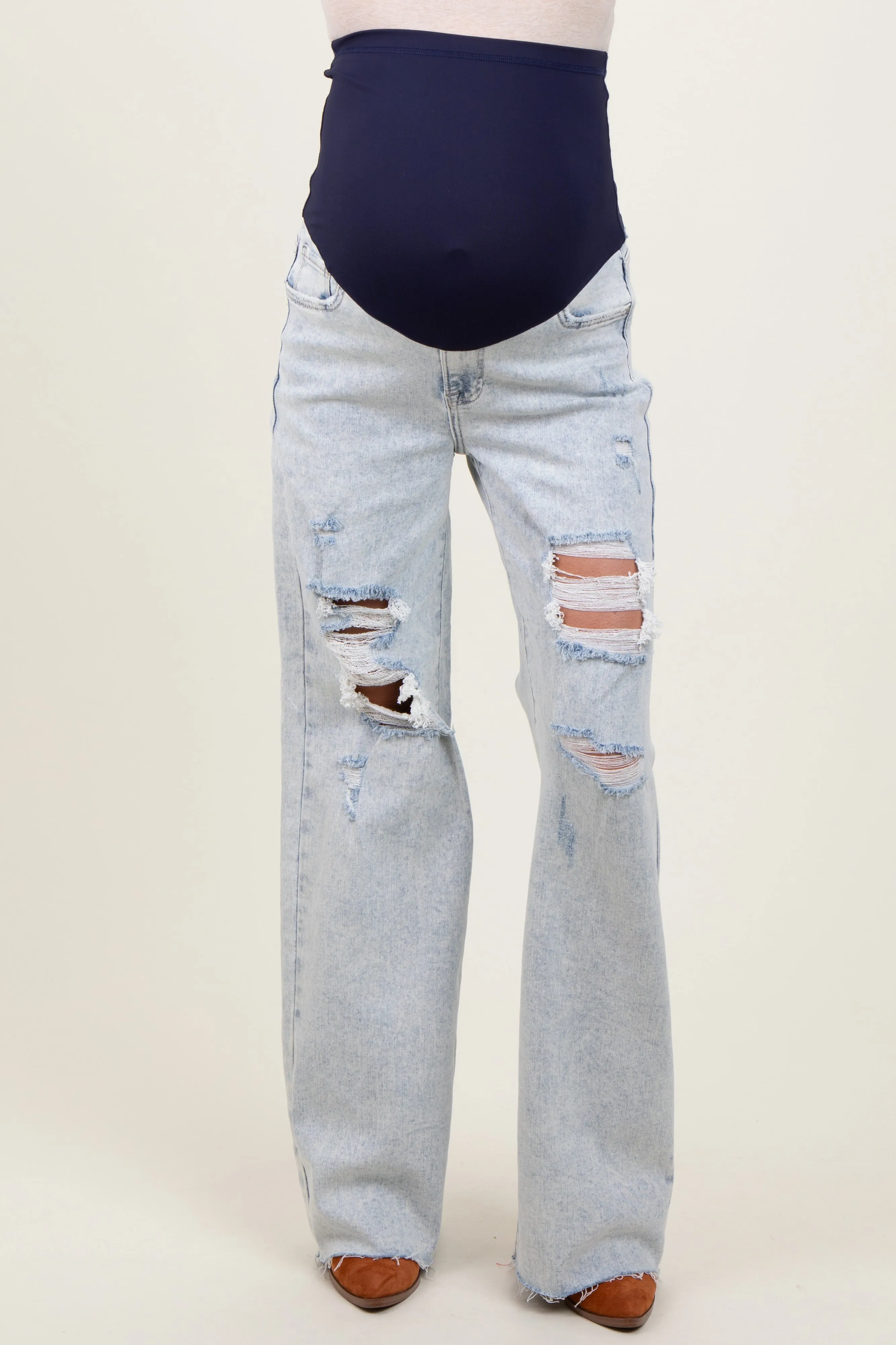 Light Blue Distressed Open Knee Wide Leg Maternity Jeans