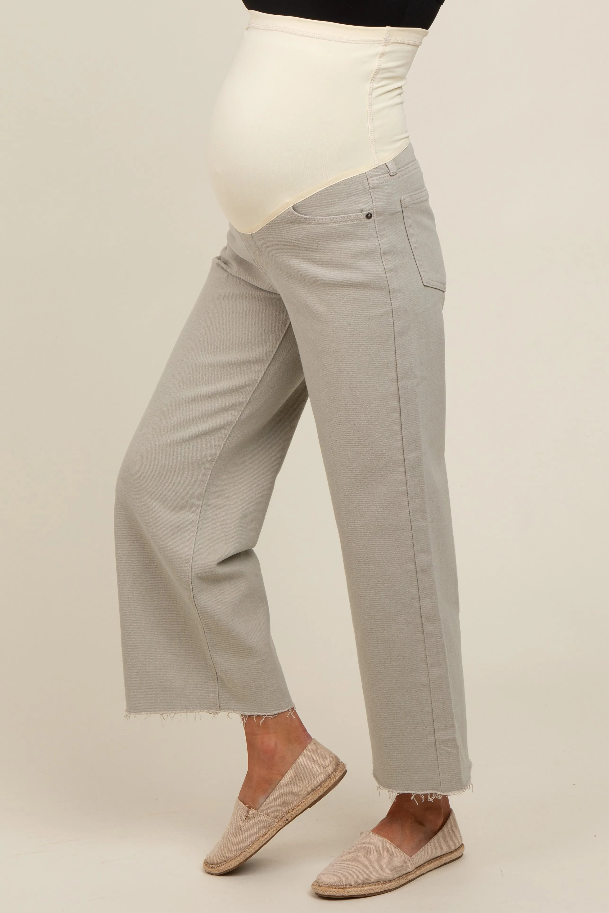 Light Olive Wide Leg Raw Hem Maternity Jeans