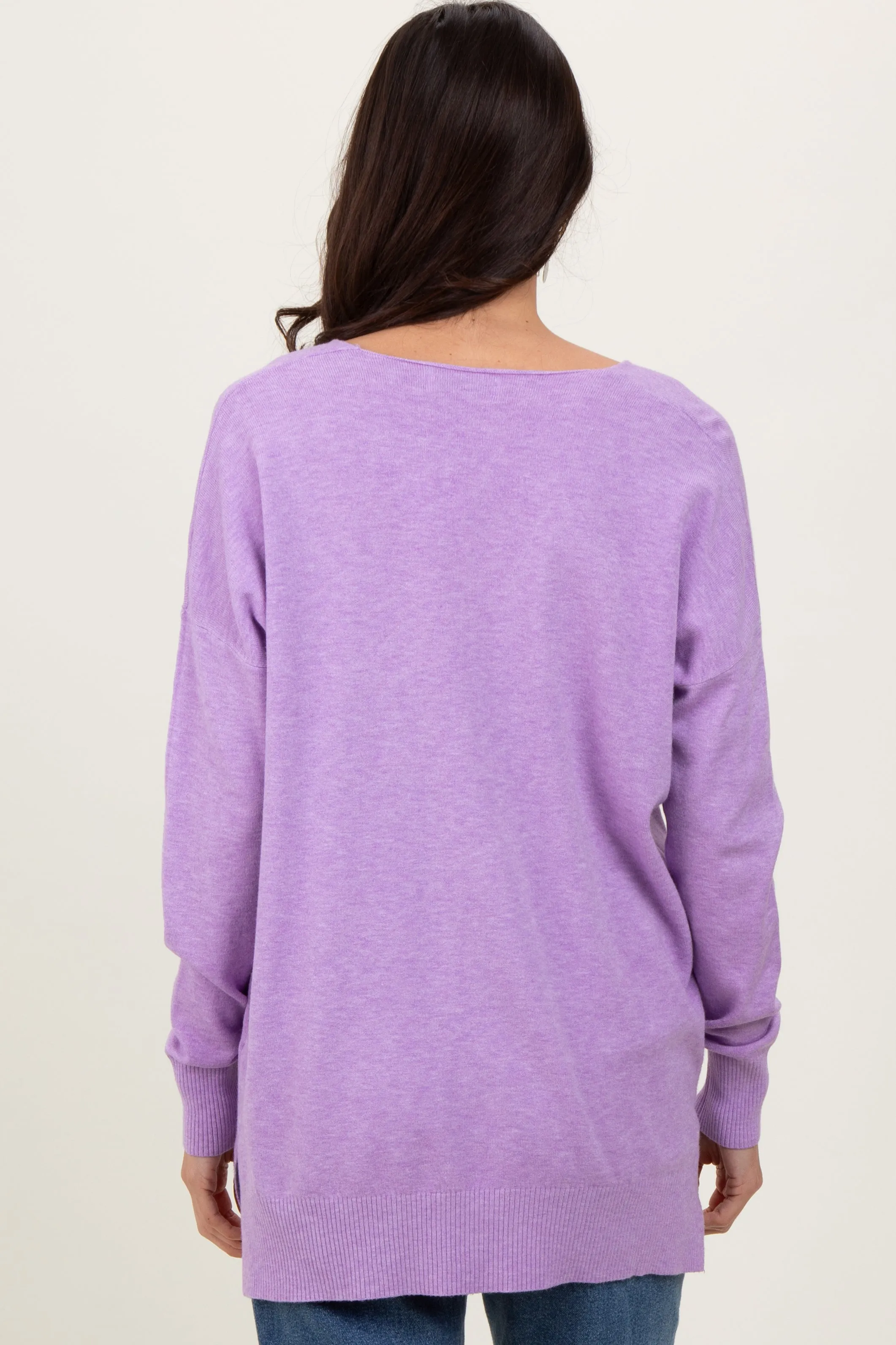 Lilac Front Seam V-Neck Side Slit Sweater