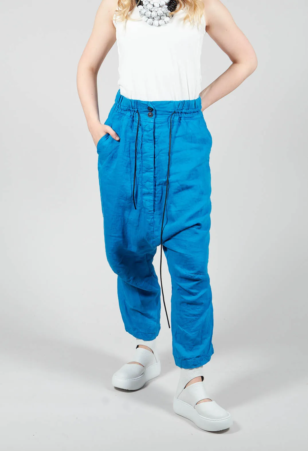 Linen Drop Crotch Trousers in Blue