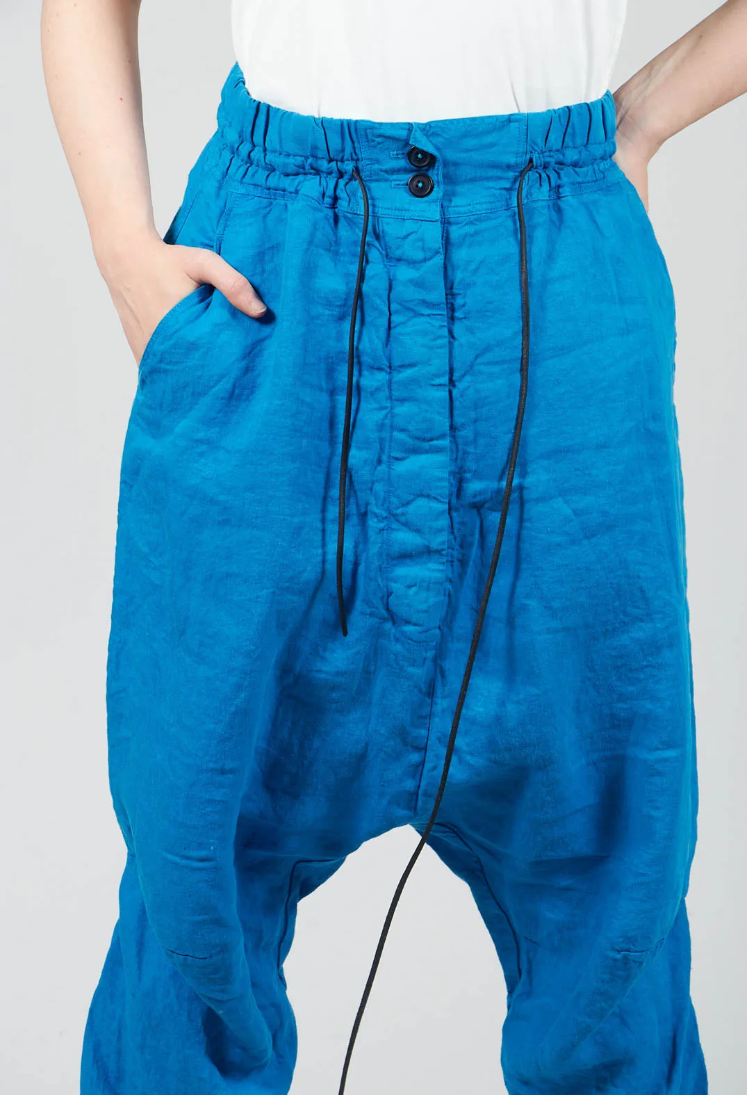 Linen Drop Crotch Trousers in Blue