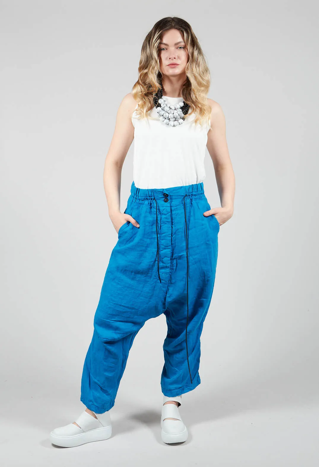 Linen Drop Crotch Trousers in Blue