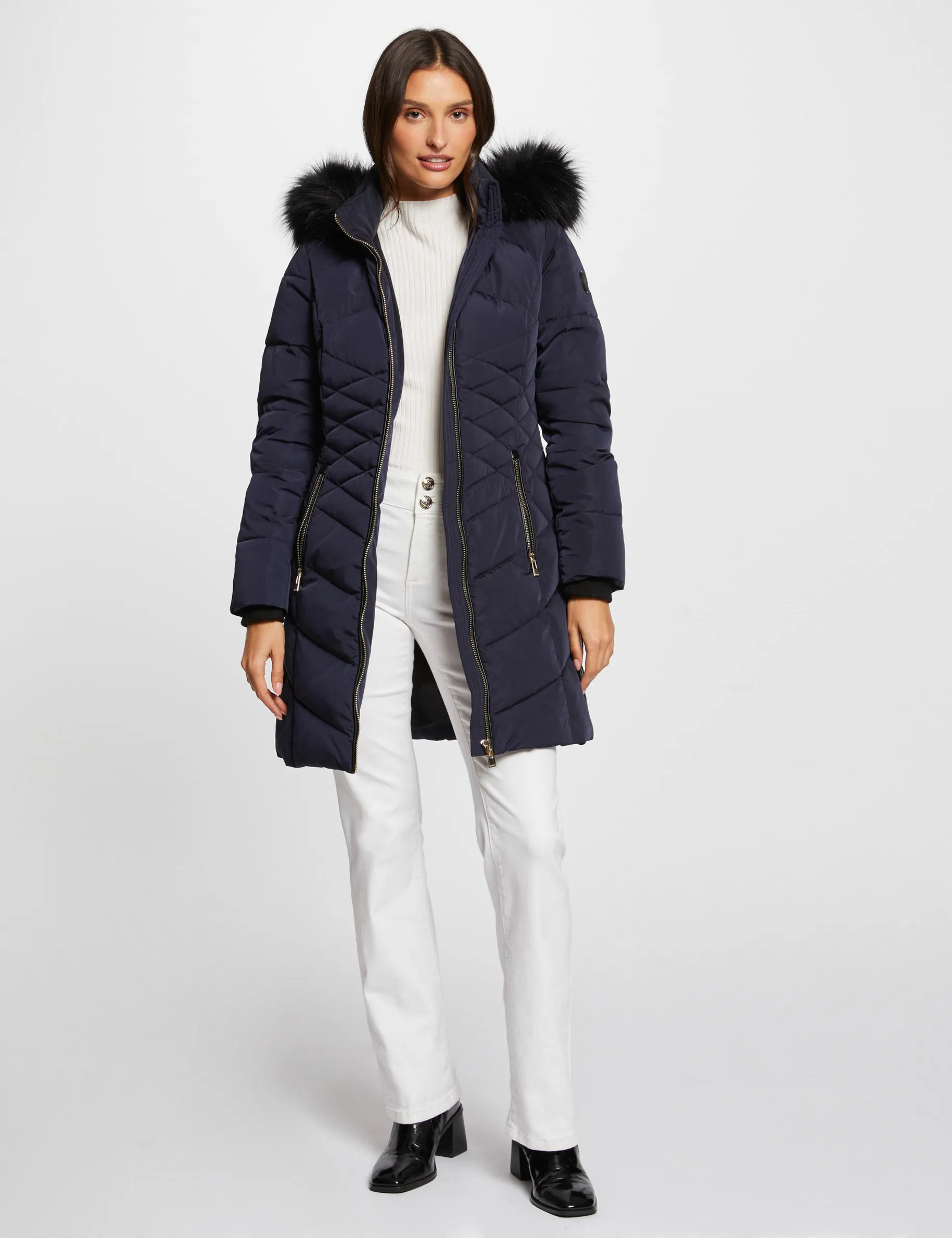 Long padded jacket with hood navy women