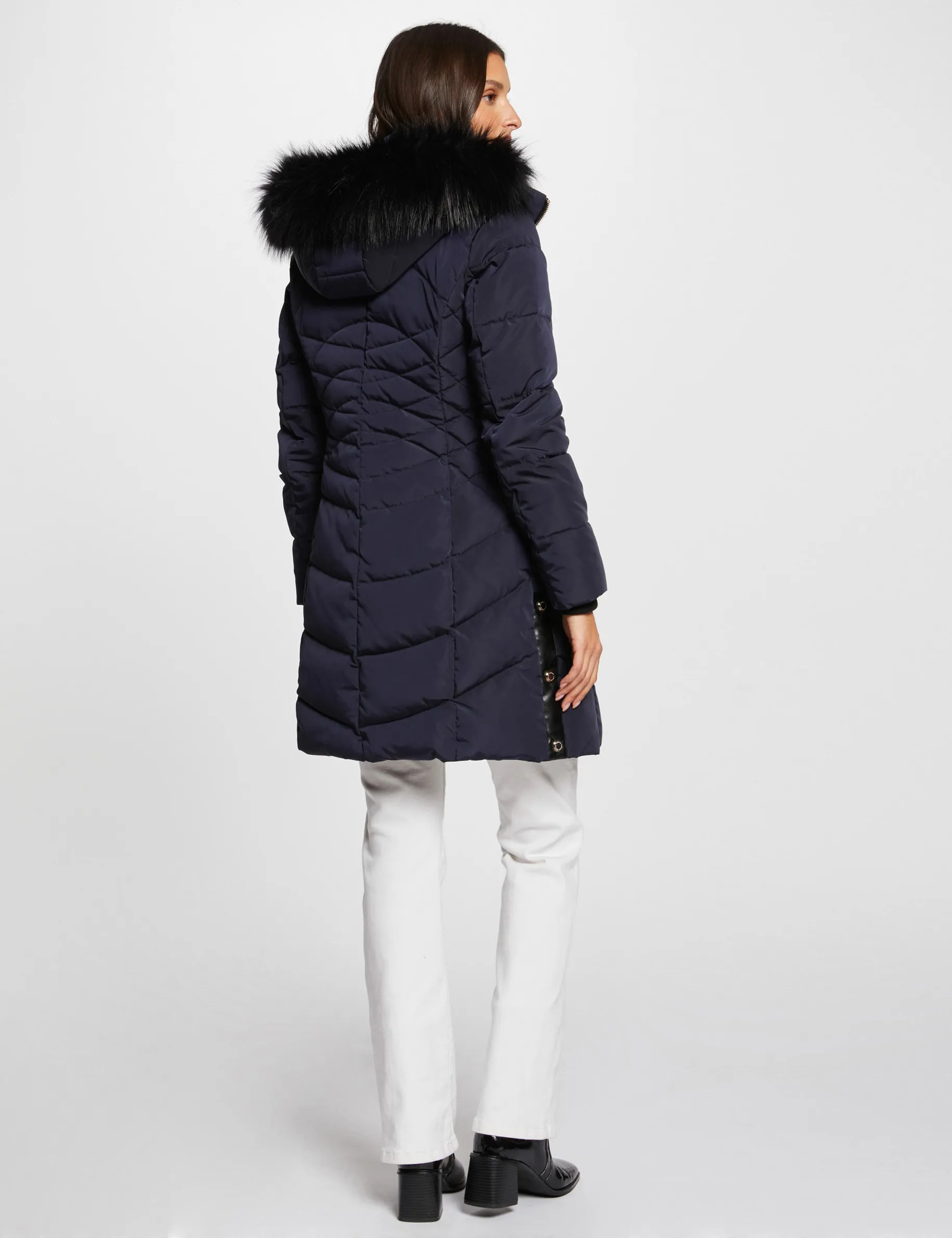 Long padded jacket with hood navy women