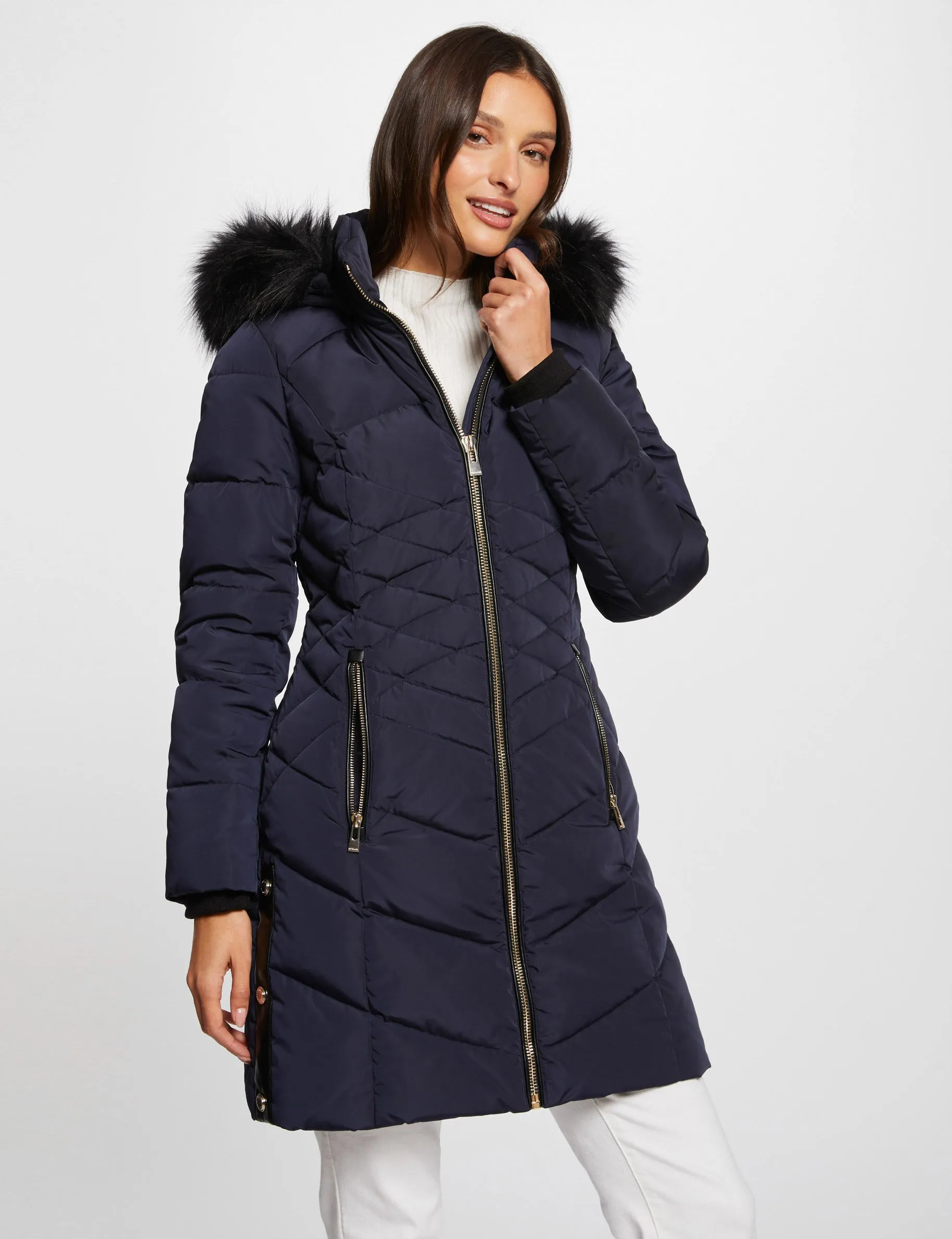 Long padded jacket with hood navy women