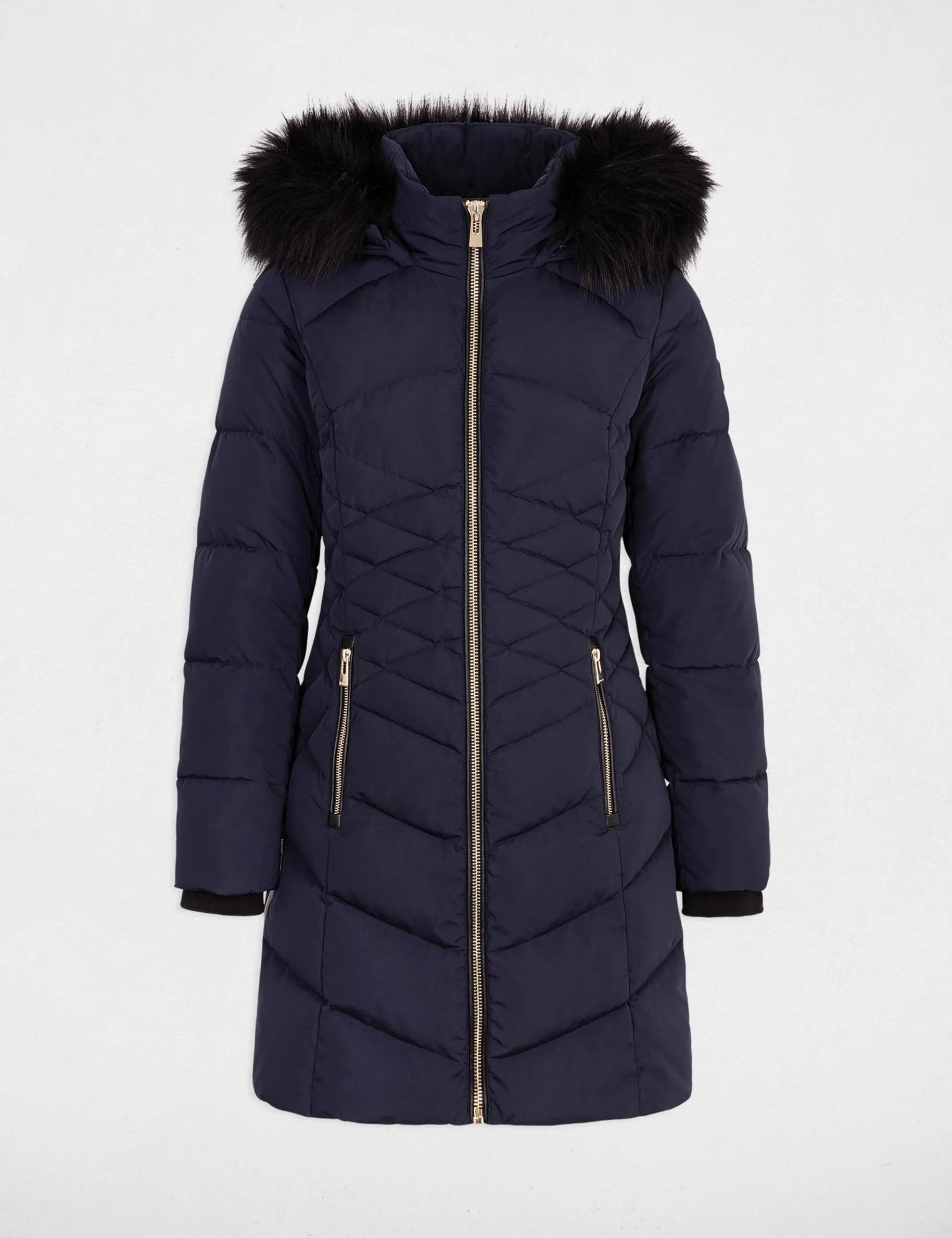 Long padded jacket with hood navy women