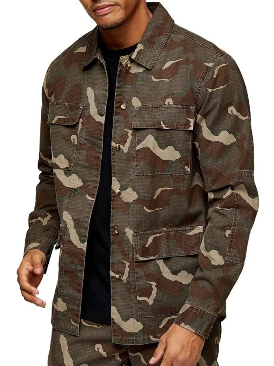 Men's Lapel Single-Breasted Multi-Pocket Camouflage Vintage Jacket