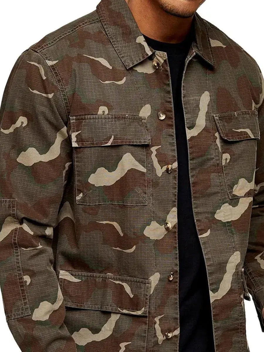 Men's Lapel Single-Breasted Multi-Pocket Camouflage Vintage Jacket