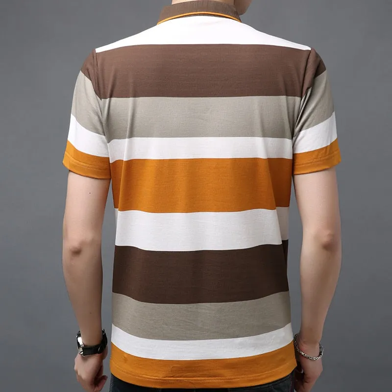 Men's Summer Contrast Color Striped Pattern Short Sleeve Polo Shirt