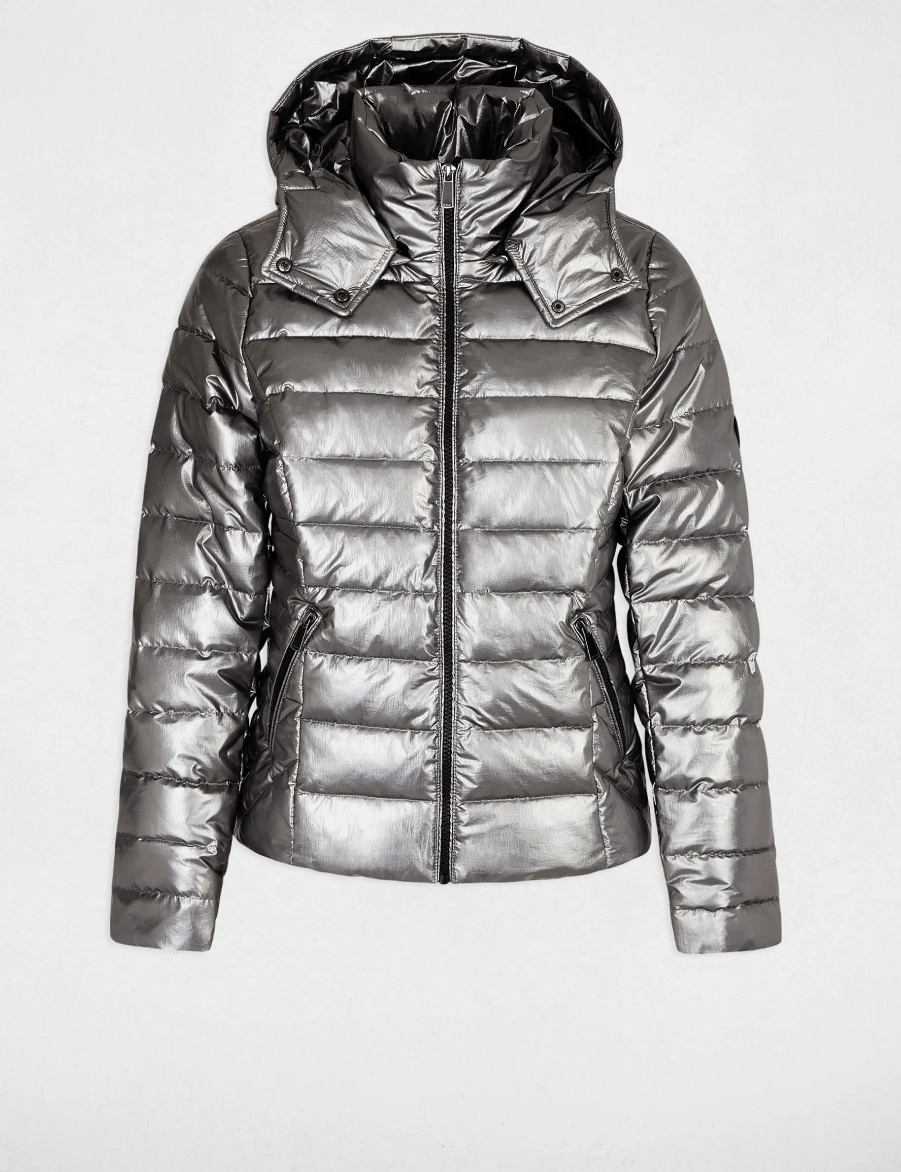 Metallised padded jacket hood anthracite grey women