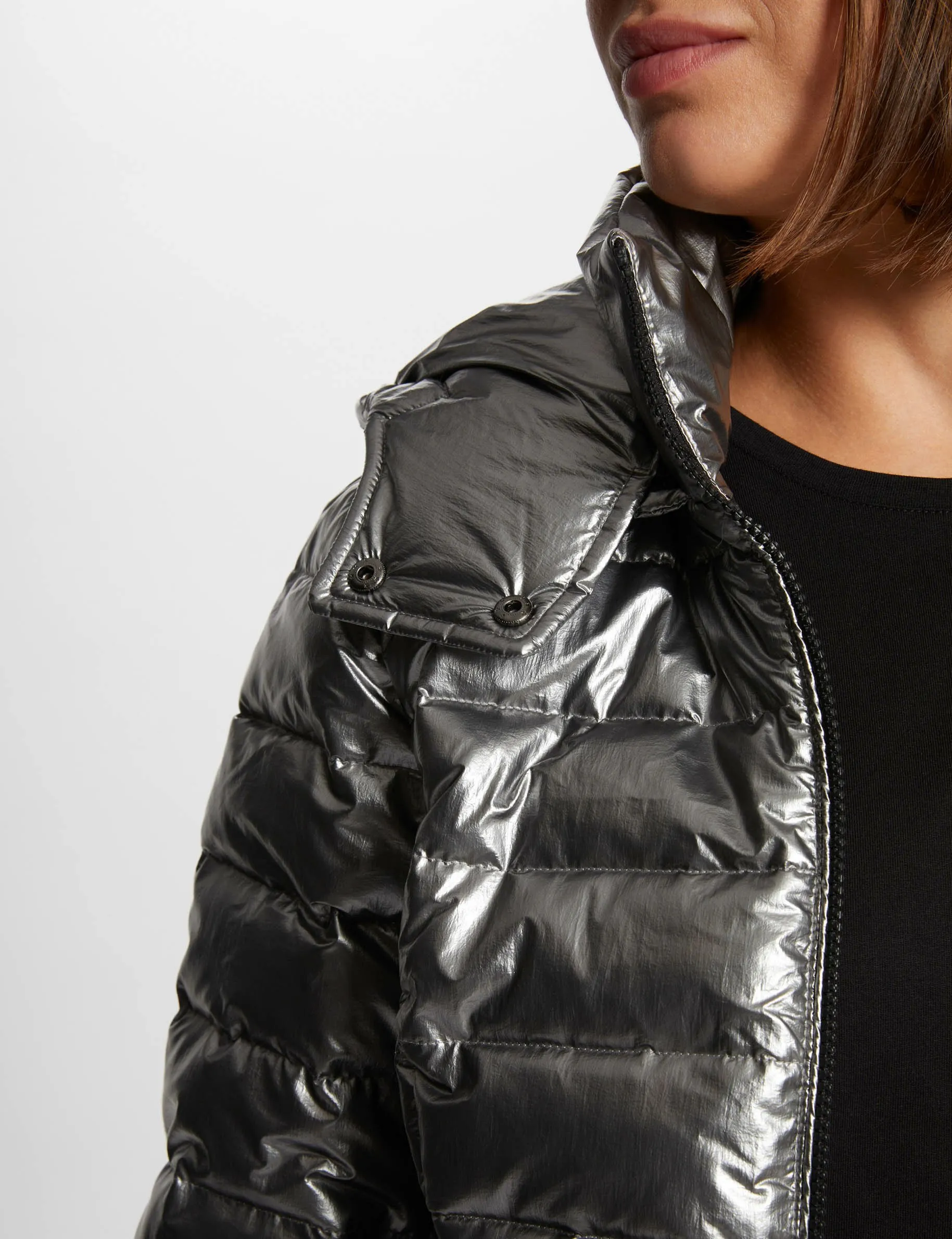 Metallised padded jacket hood anthracite grey women