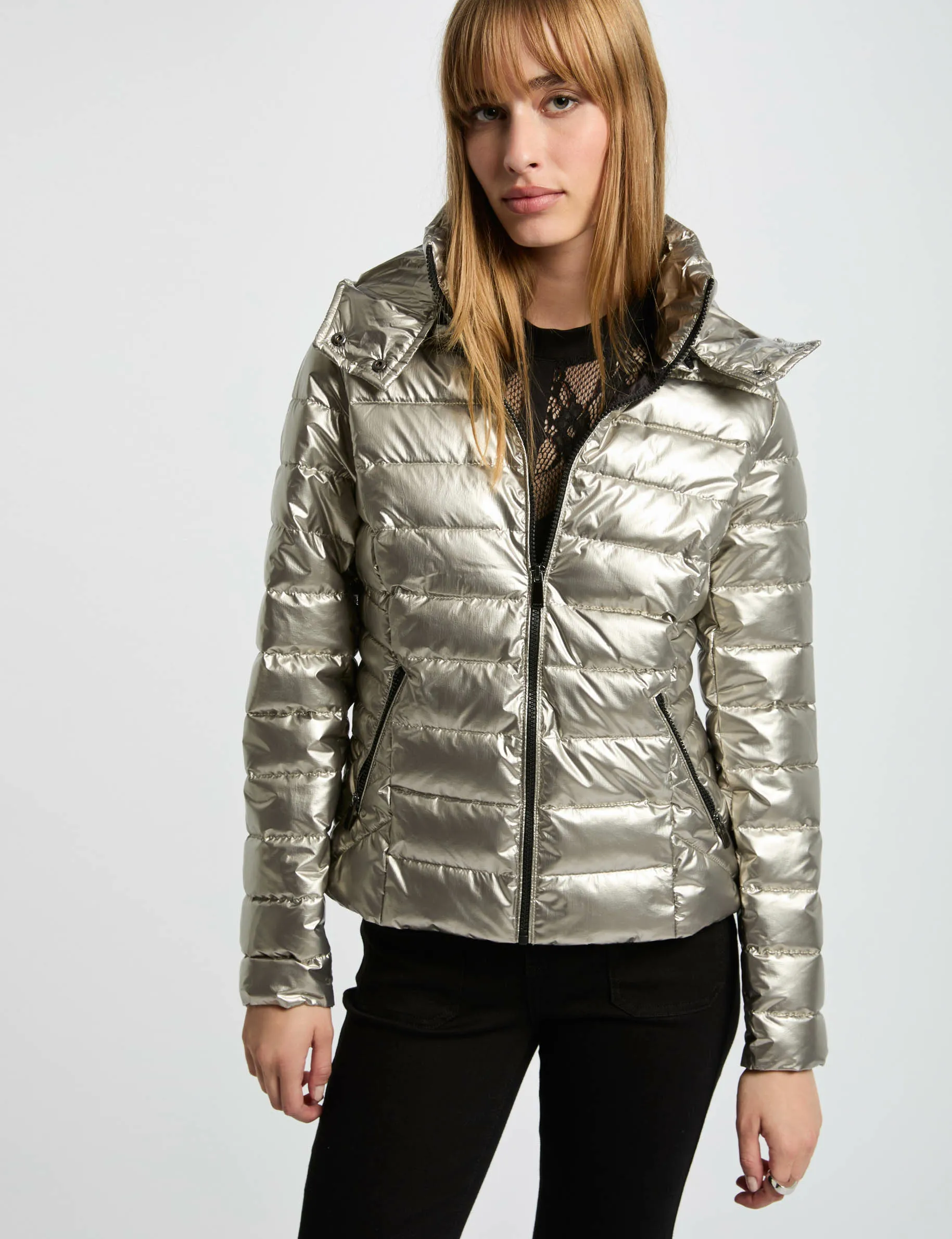 Metallised padded jacket hood gold women