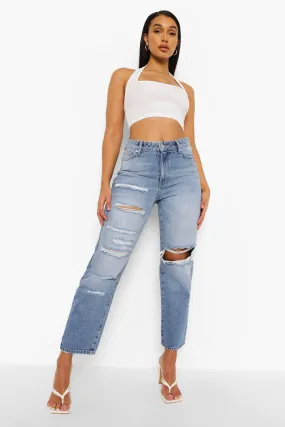 Mid Rise Distressed Straight Leg Jeans