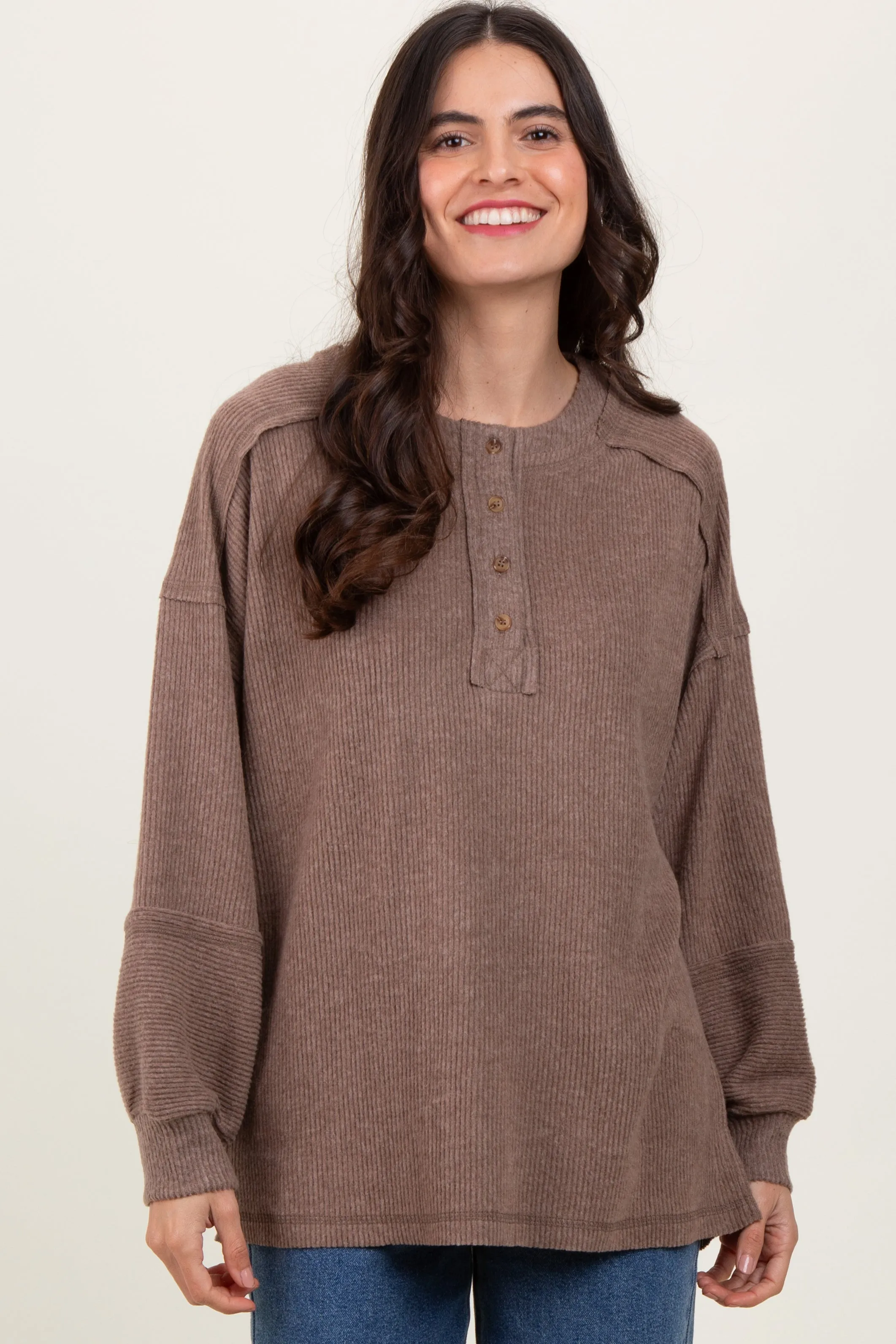 Mocha Oversized Ribbed Knit Henley Sweater