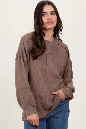 Mocha Oversized Ribbed Knit Henley Sweater