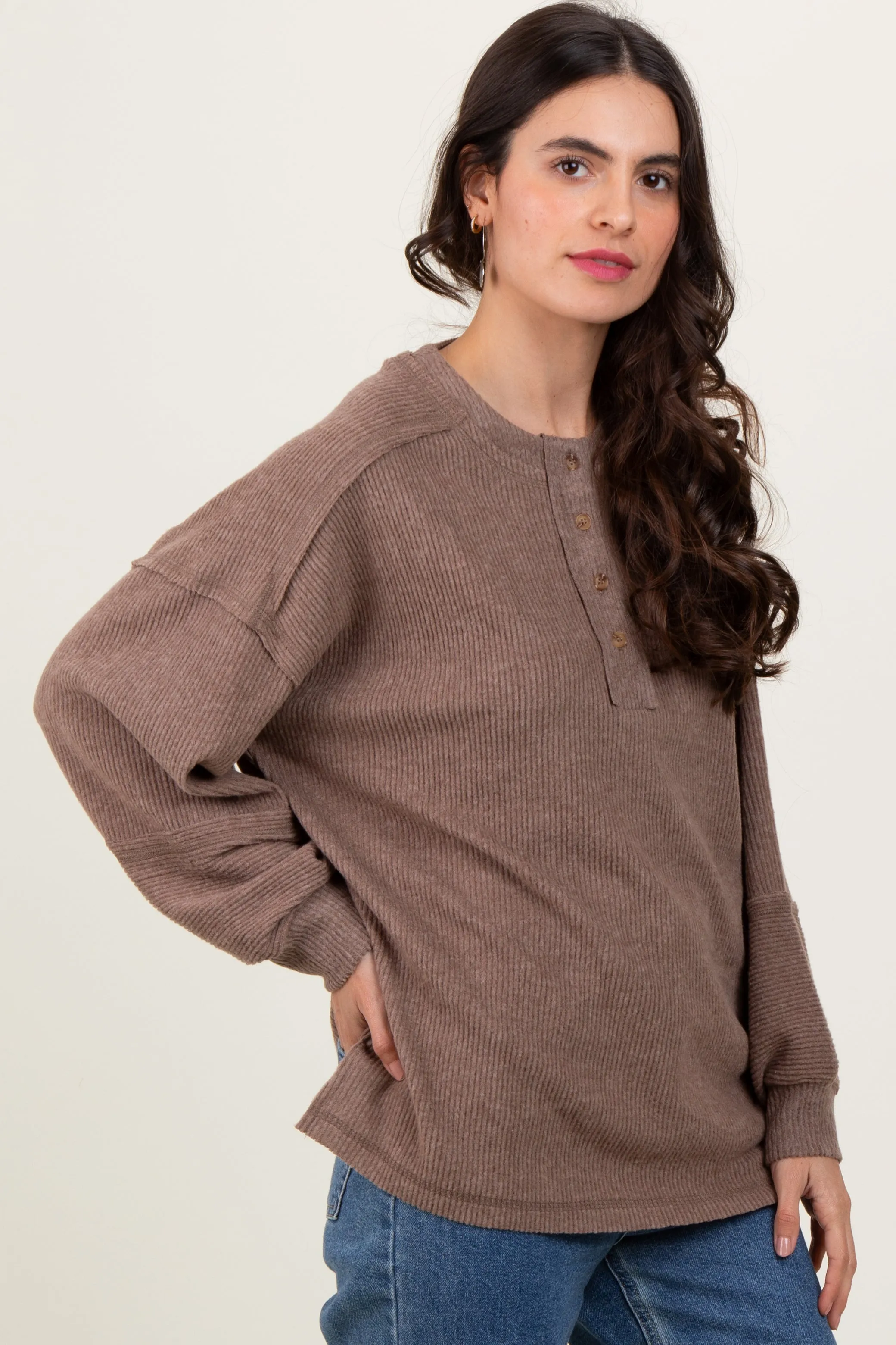 Mocha Oversized Ribbed Knit Henley Sweater