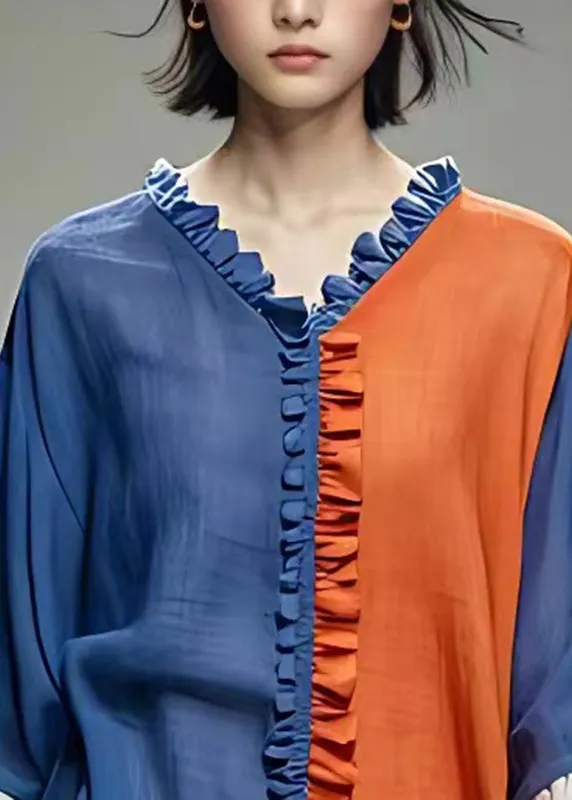 Natural Colorblock Ruffled Side Open Chiffon T Shirts Fall