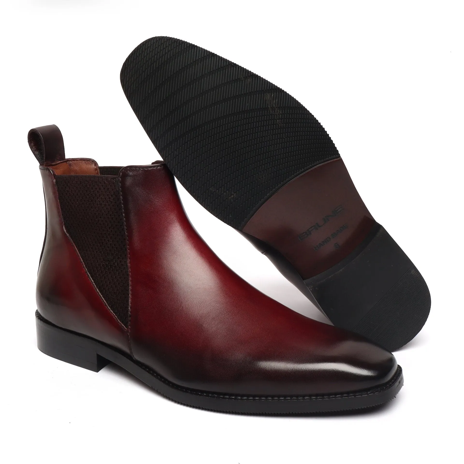 New shape Wine Leather Chelsea Boot by Brune & Bareskin with a Stylish Sharp Elastic Design