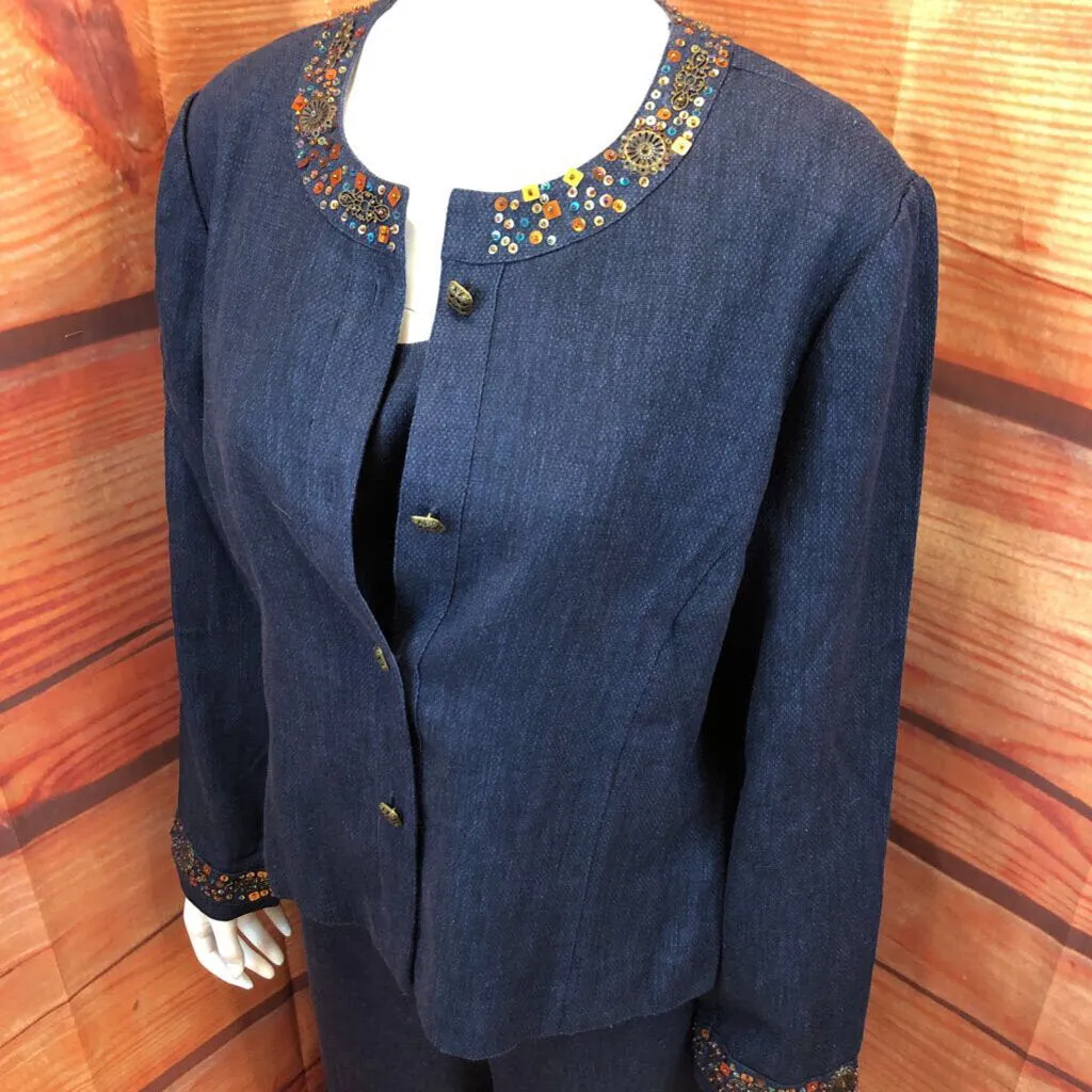 NWTCOLDWATER CREEK BLUE SEQUIN 3 PIECE PANTS & JACKET SIZE 12 TCC