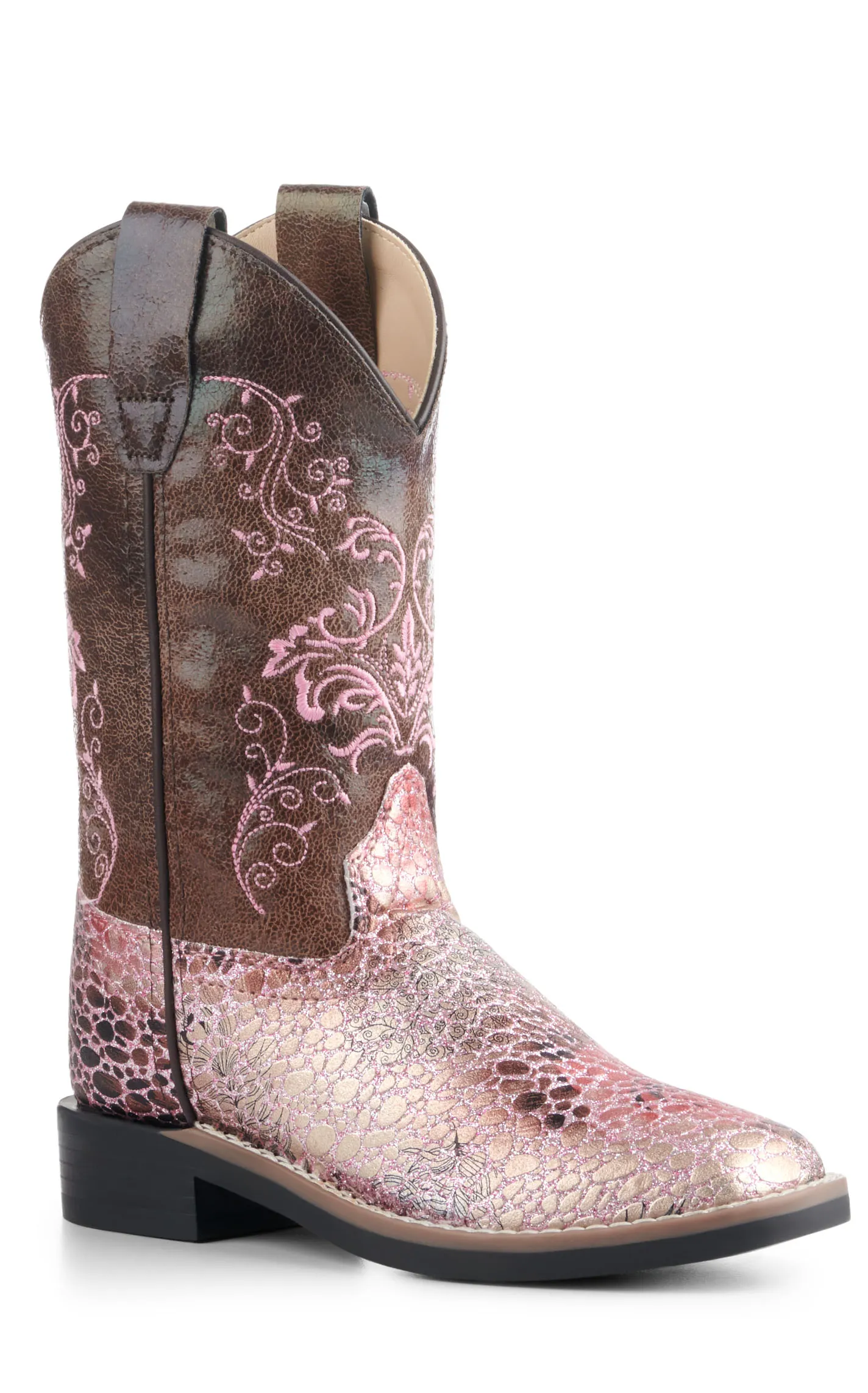 Old West Kids Brown and Crackle Antique Pink Square Toe Cowboy Boots