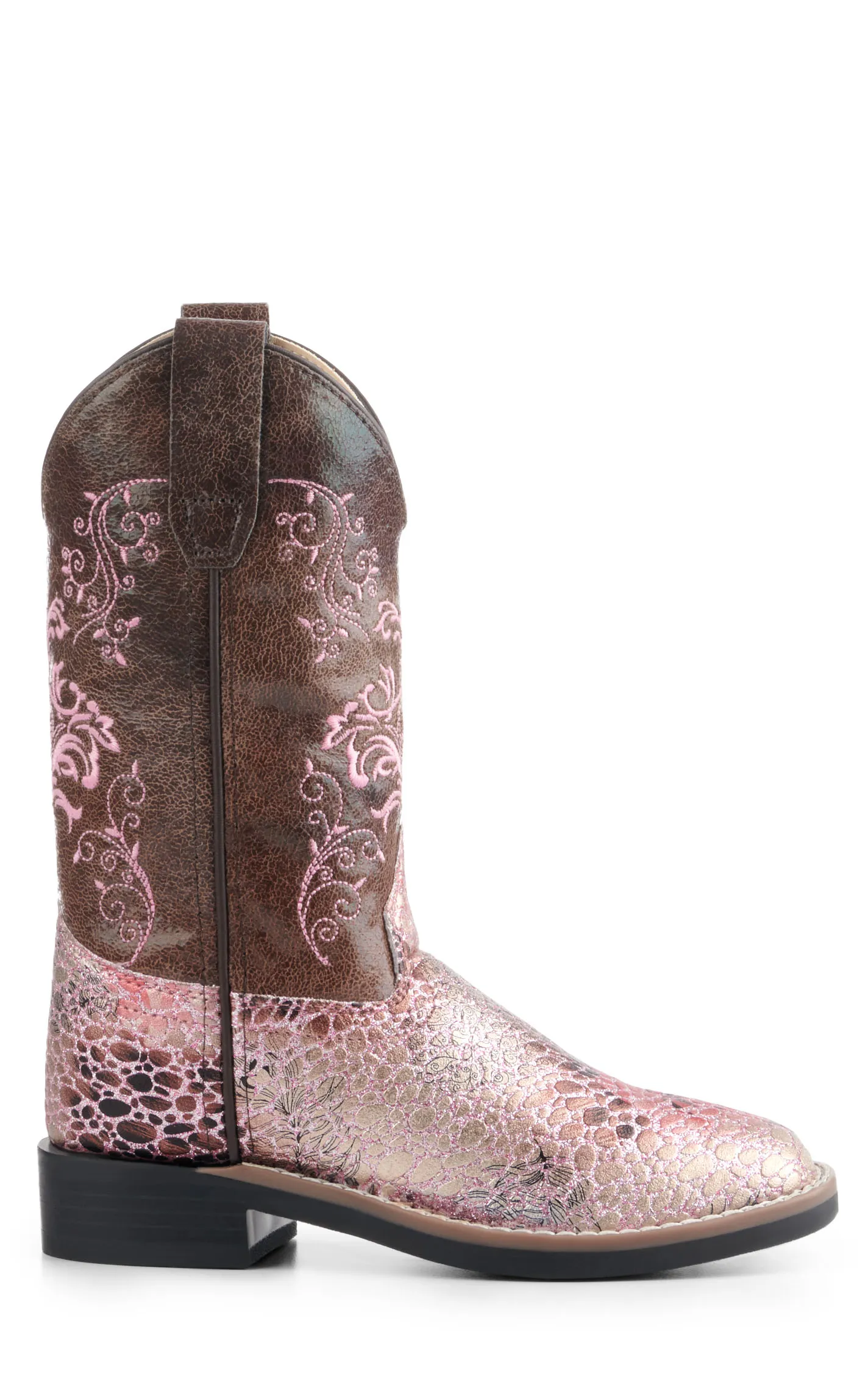 Old West Kids Brown and Crackle Antique Pink Square Toe Cowboy Boots