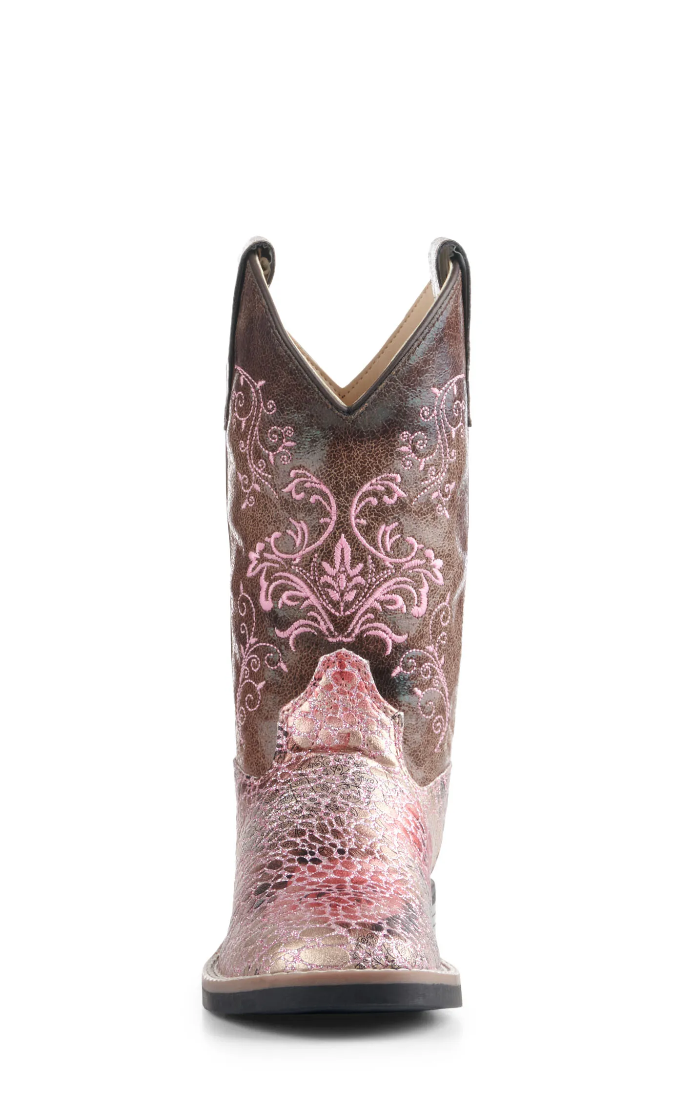 Old West Kids Brown and Crackle Antique Pink Square Toe Cowboy Boots