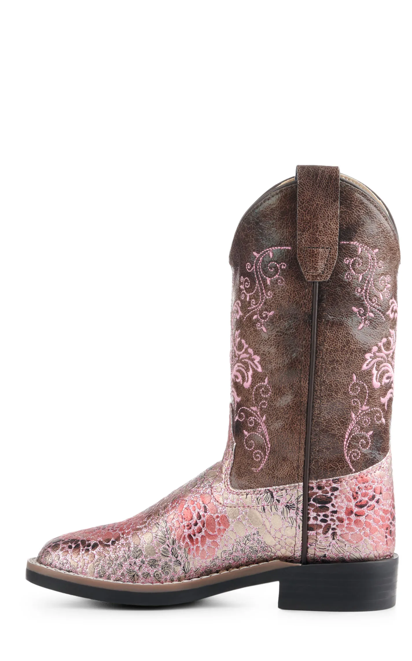 Old West Kids Brown and Crackle Antique Pink Square Toe Cowboy Boots