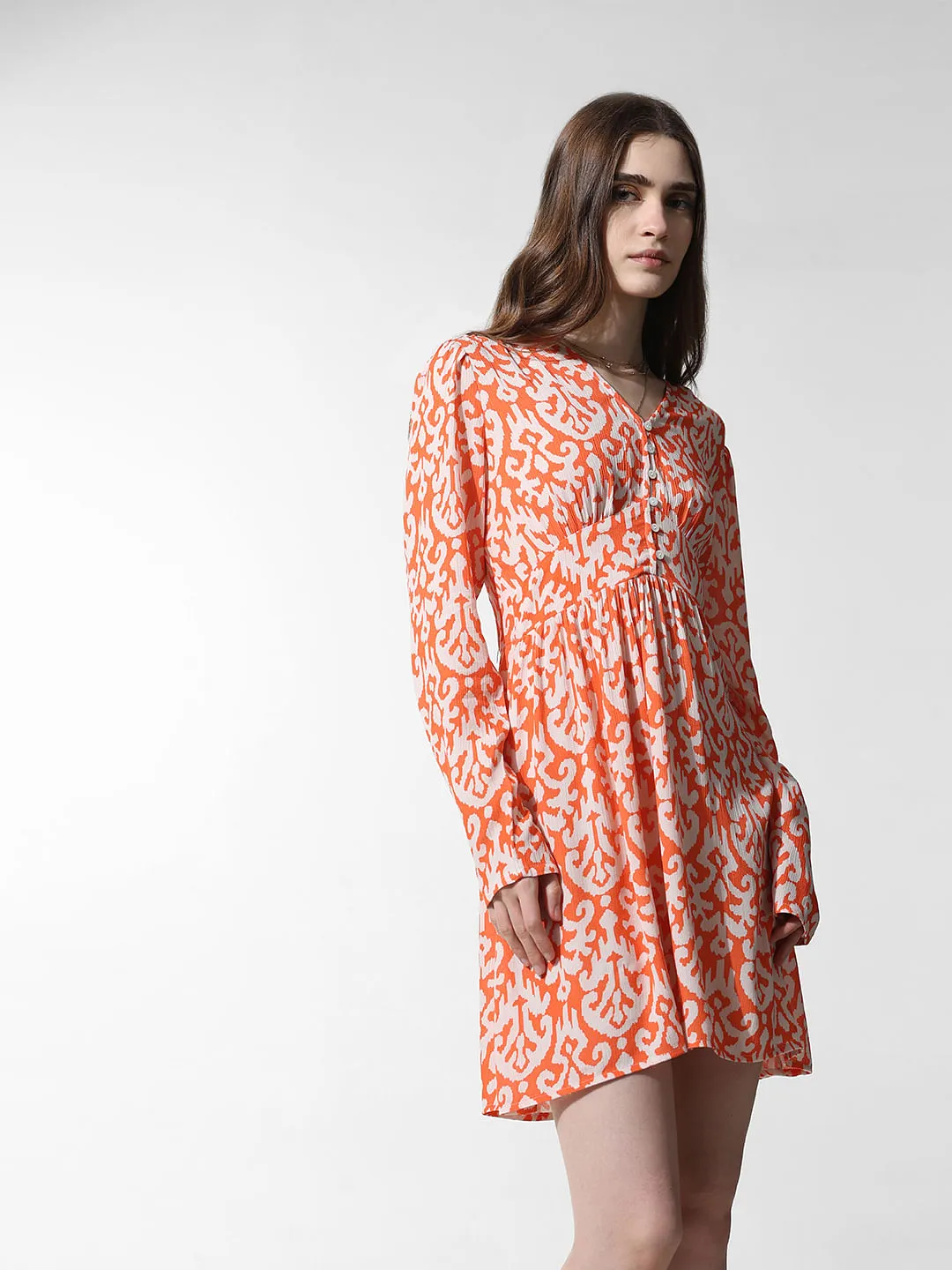 Orange Printed Fit & Flare Dress