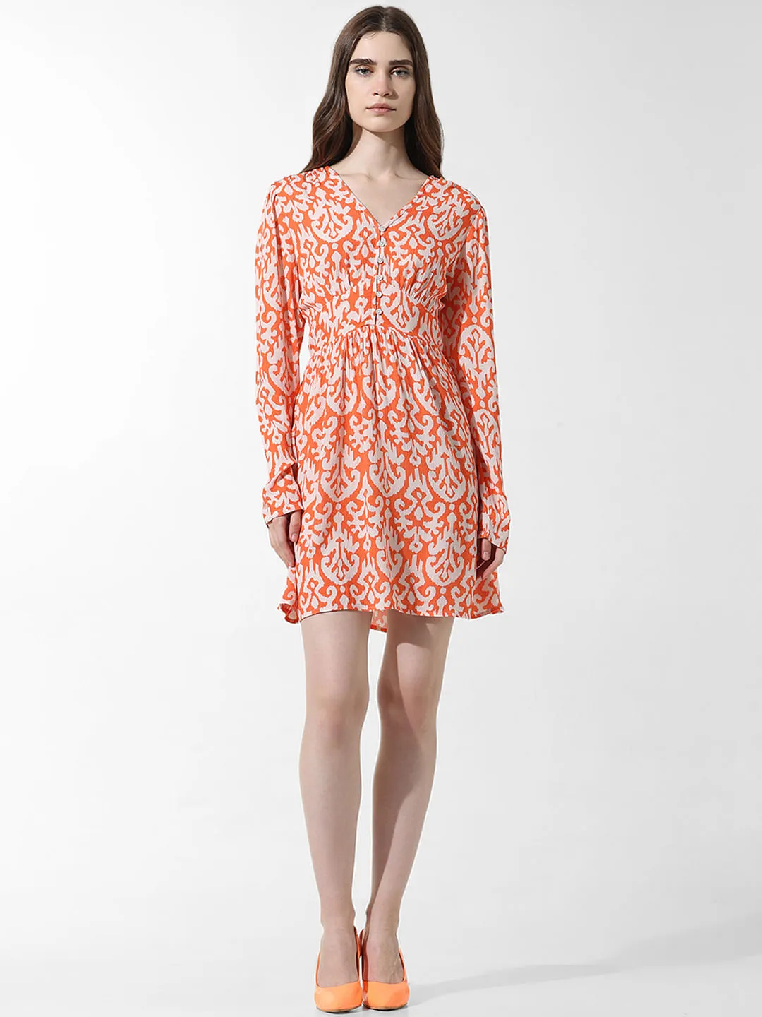 Orange Printed Fit & Flare Dress