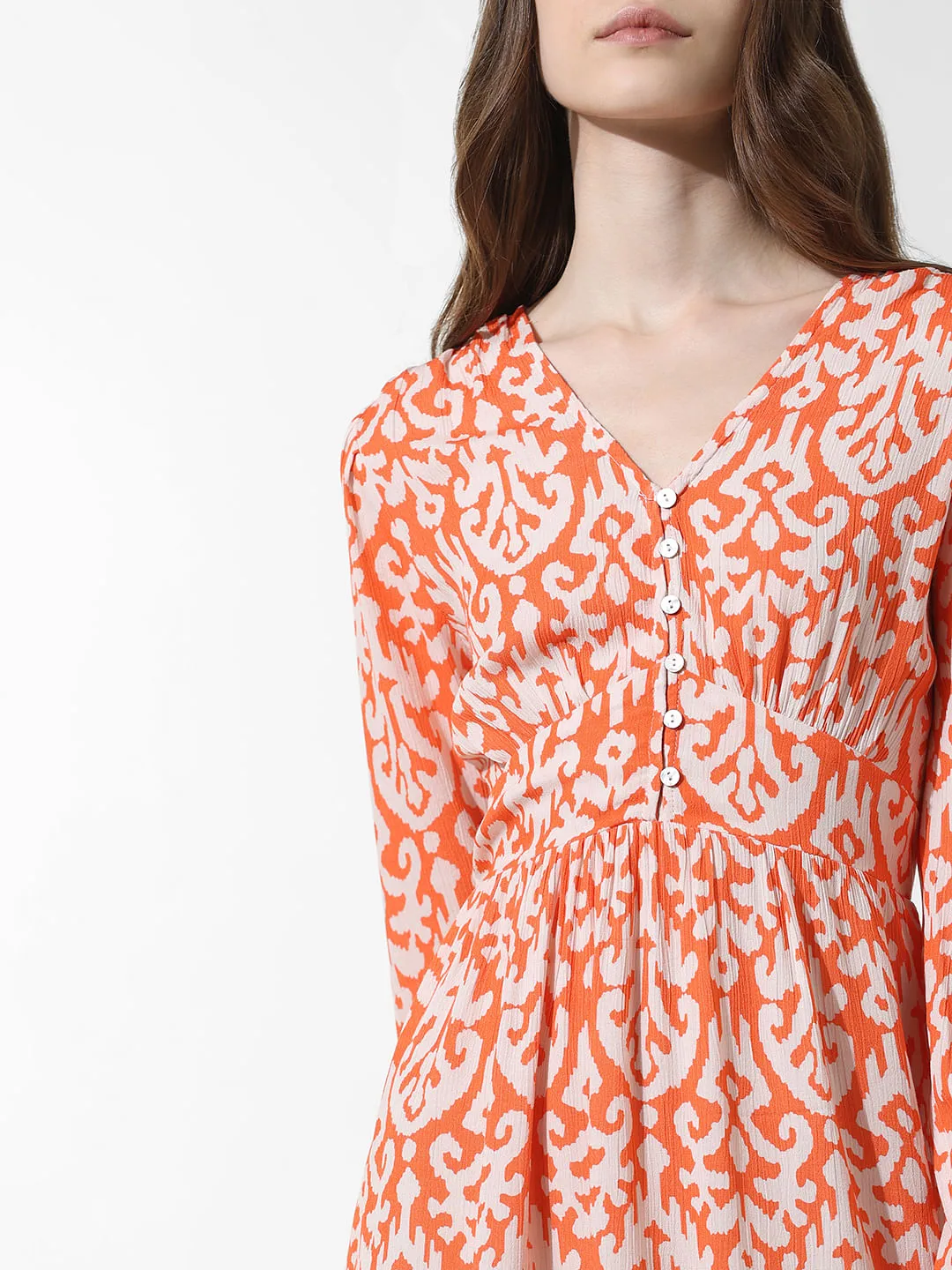 Orange Printed Fit & Flare Dress