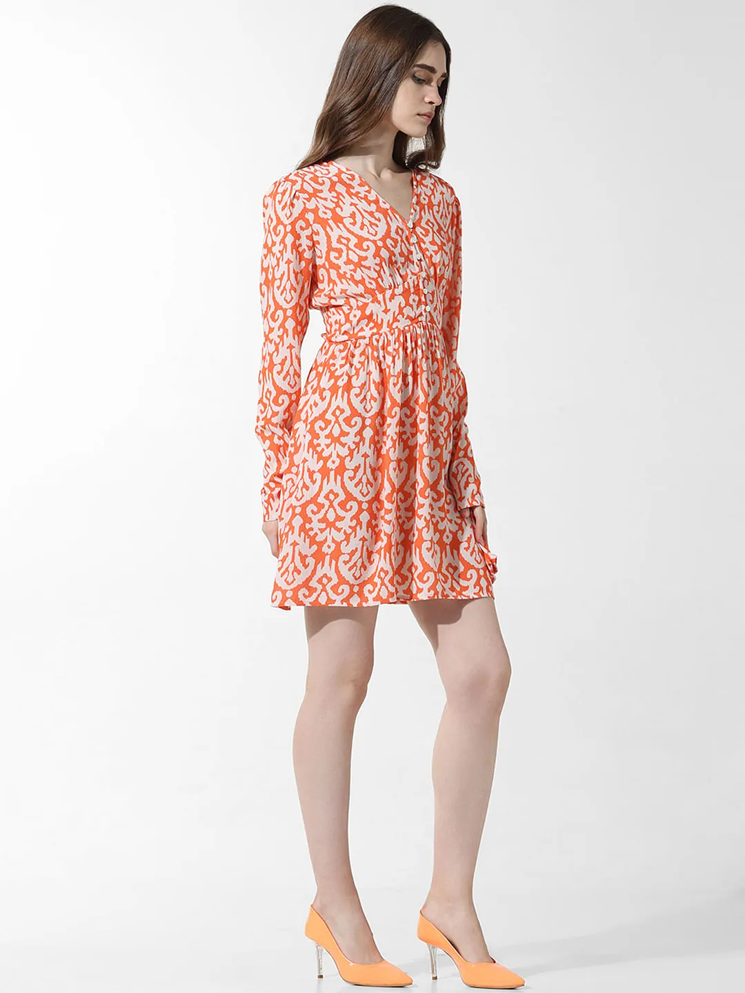 Orange Printed Fit & Flare Dress